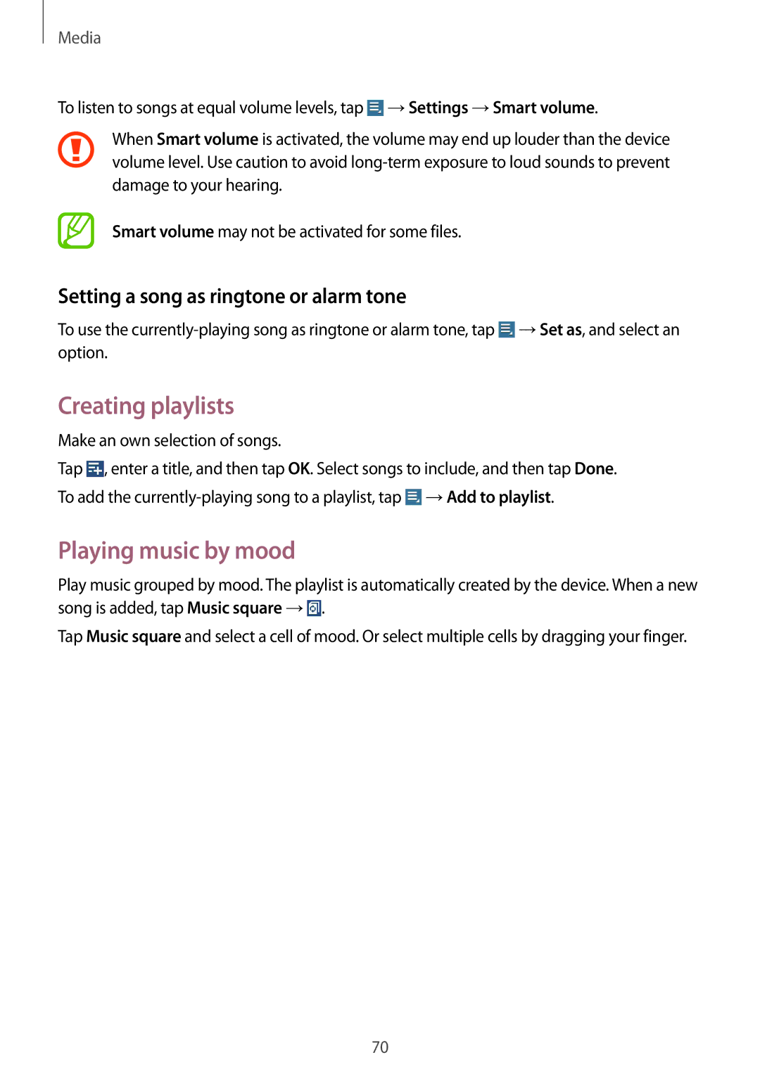 Samsung GT-N8000ZWAMGF, GT-N8000ZWAVD2 Creating playlists, Playing music by mood, Setting a song as ringtone or alarm tone 