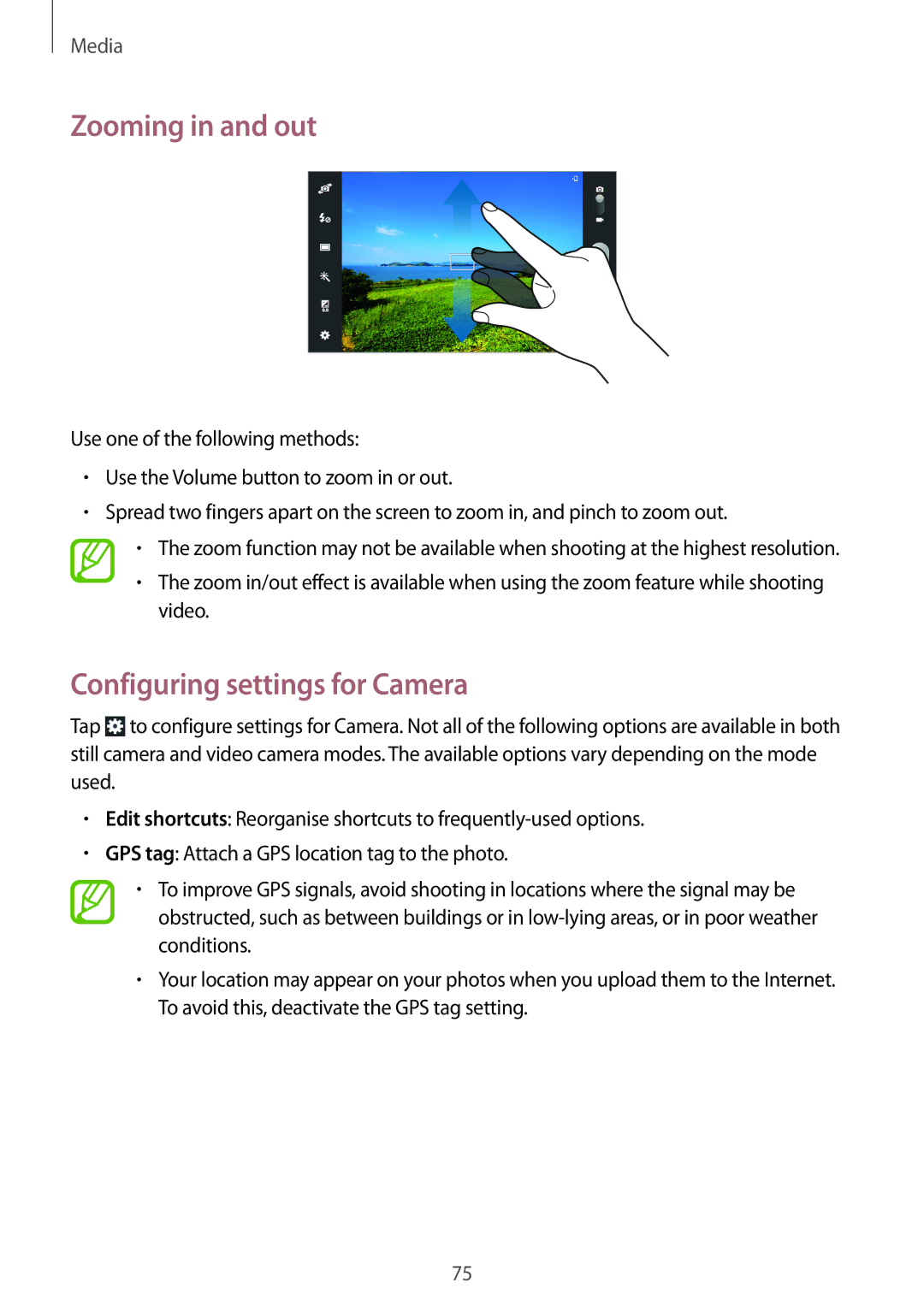 Samsung GT-N8000EAXSER, GT-N8000ZWAVD2, GT-N8000EAAVD2, GT-N8000EAAITV Zooming in and out, Configuring settings for Camera 