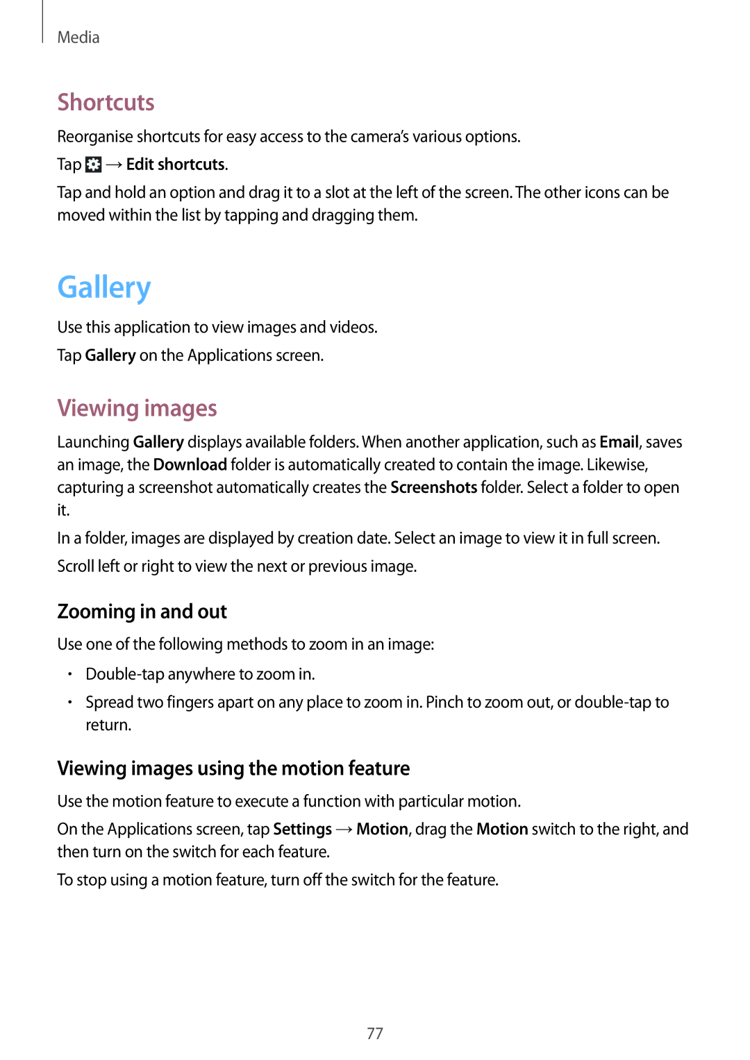 Samsung GT-N8000ZWFSER, GT-N8000ZWAVD2 Gallery, Shortcuts, Zooming in and out, Viewing images using the motion feature 