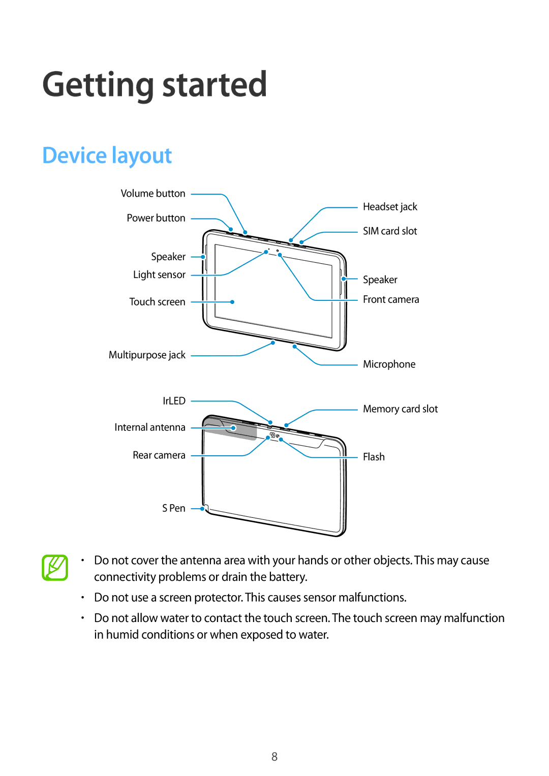 Samsung GT-N8000ZWAITV, GT-N8000ZWAVD2, GT-N8000EAAVD2, GT-N8000EAAITV, GT-N8000EAADBT manual Getting started, Device layout 