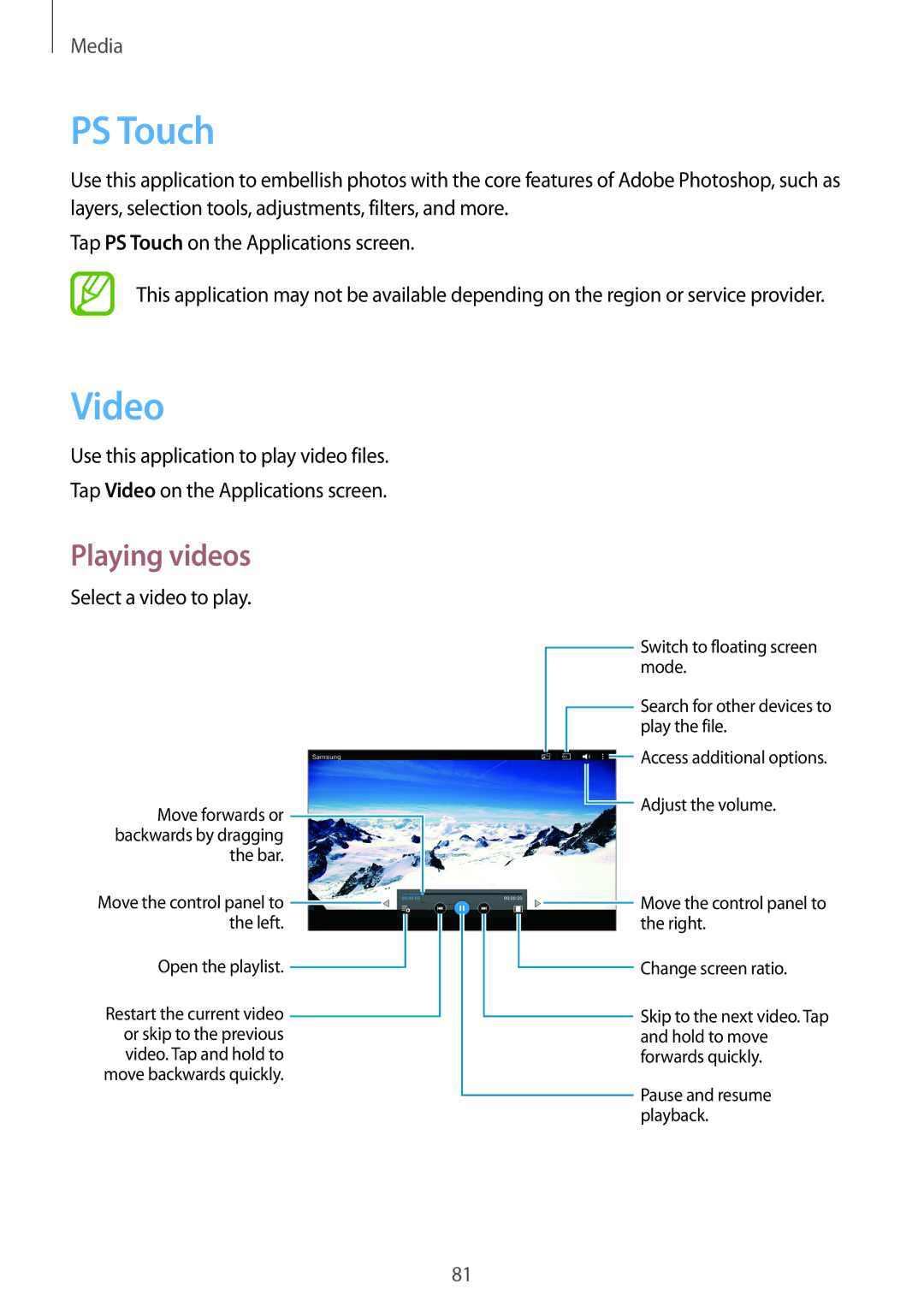 Samsung GT-N8000ZWFMGF, GT-N8000ZWAVD2, GT-N8000EAAVD2, GT-N8000EAAITV, GT-N8000EAADBT, GT-N8000EAATMN manual PS Touch, Video 