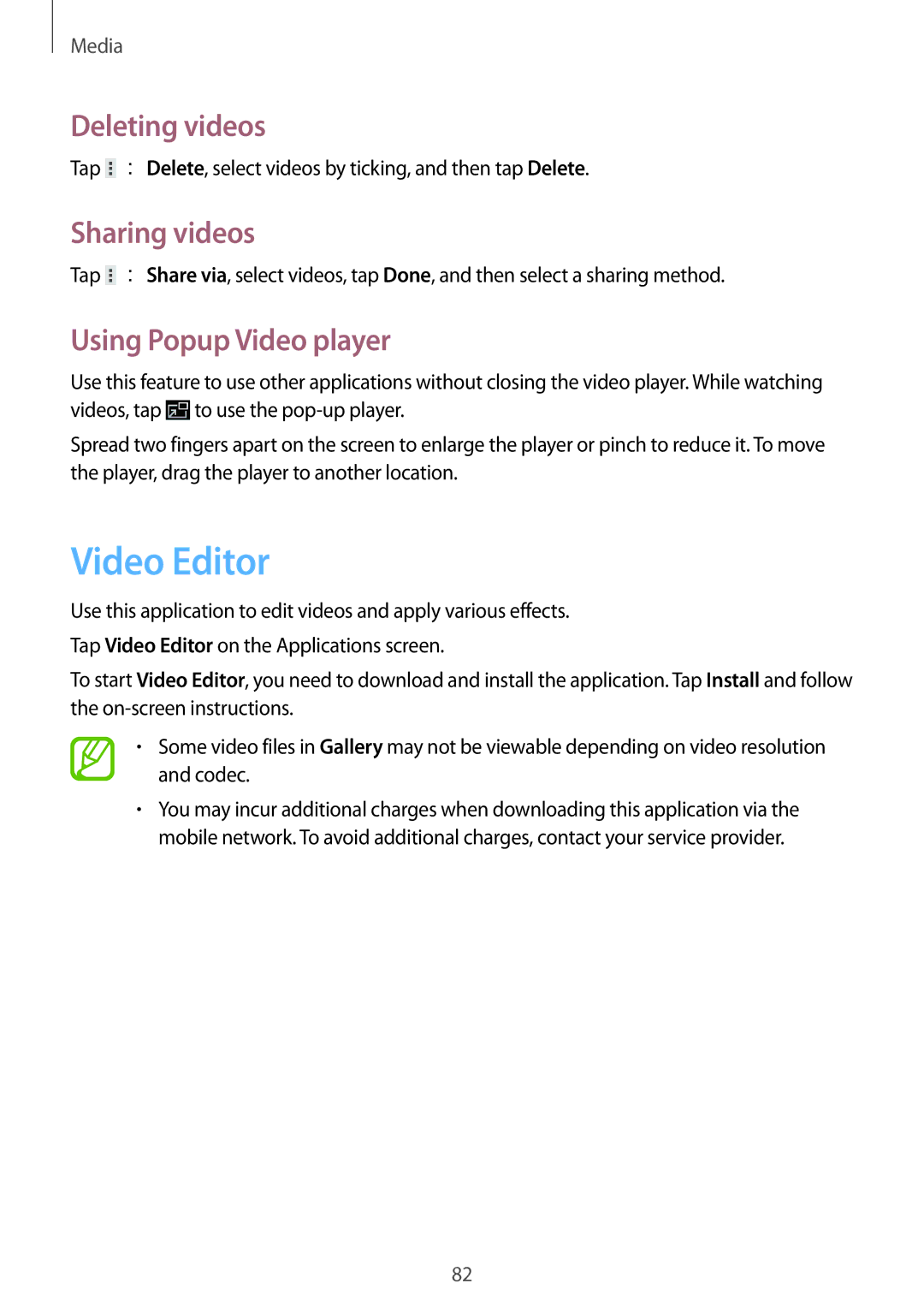 Samsung GT-N8000ZWASER, GT-N8000ZWAVD2 manual Video Editor, Deleting videos, Sharing videos, Using Popup Video player 
