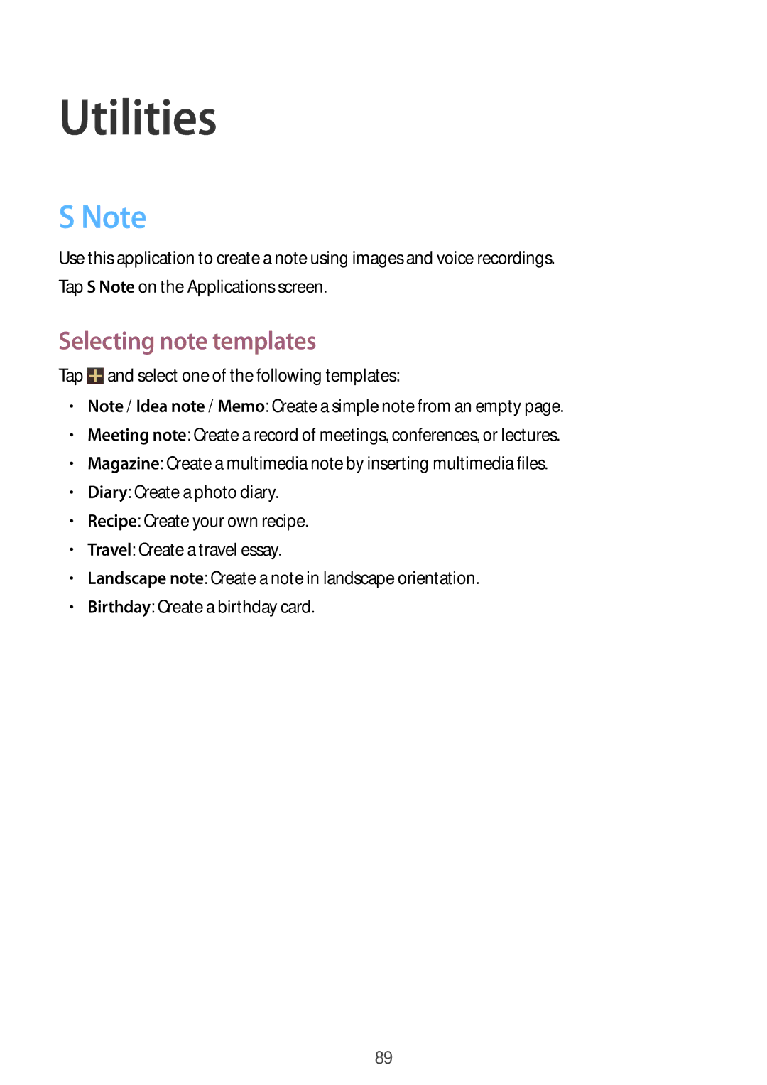 Samsung GT-N8000EAAEPL, GT-N8000ZWAVD2, GT-N8000EAAVD2, GT-N8000EAAITV, GT-N8000EAADBT Utilities, Selecting note templates 