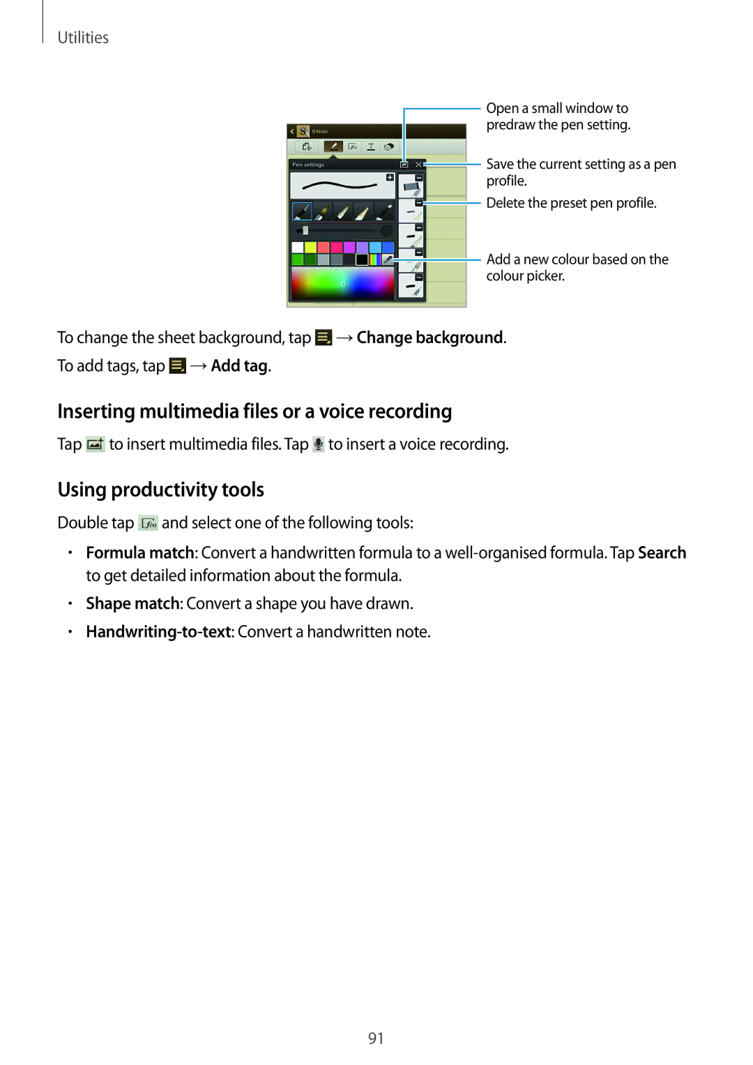 Samsung GT-N8000ZWAITV, GT-N8000ZWAVD2 manual Inserting multimedia files or a voice recording, Using productivity tools 