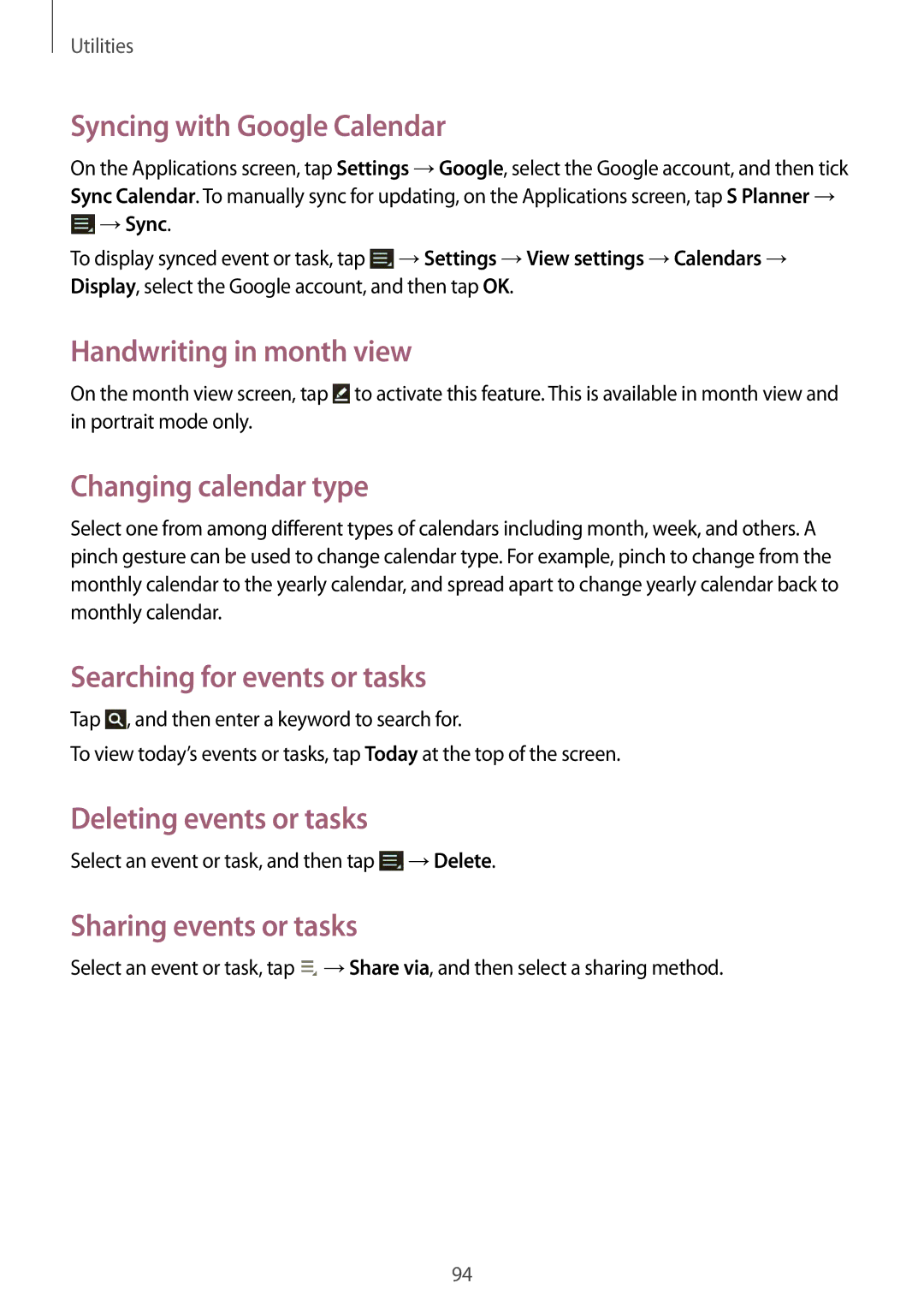 Samsung GT-N8000EAAATO, GT-N8000ZWAVD2 Syncing with Google Calendar, Handwriting in month view, Changing calendar type 