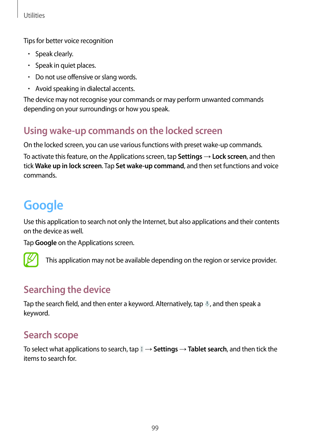 Samsung GT-N8000ZWAATO manual Google, Using wake-up commands on the locked screen, Searching the device, Search scope 