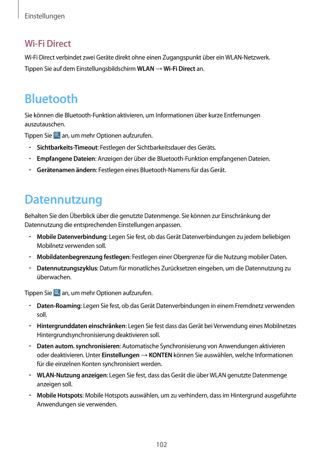 Samsung GT-N8000GRADBT, GT-N8000ZWAVD2, GT-N8000EAAVD2, GT-N8000EAAITV, GT-N8000EAADBT manual Datennutzung, Wi-Fi Direct 