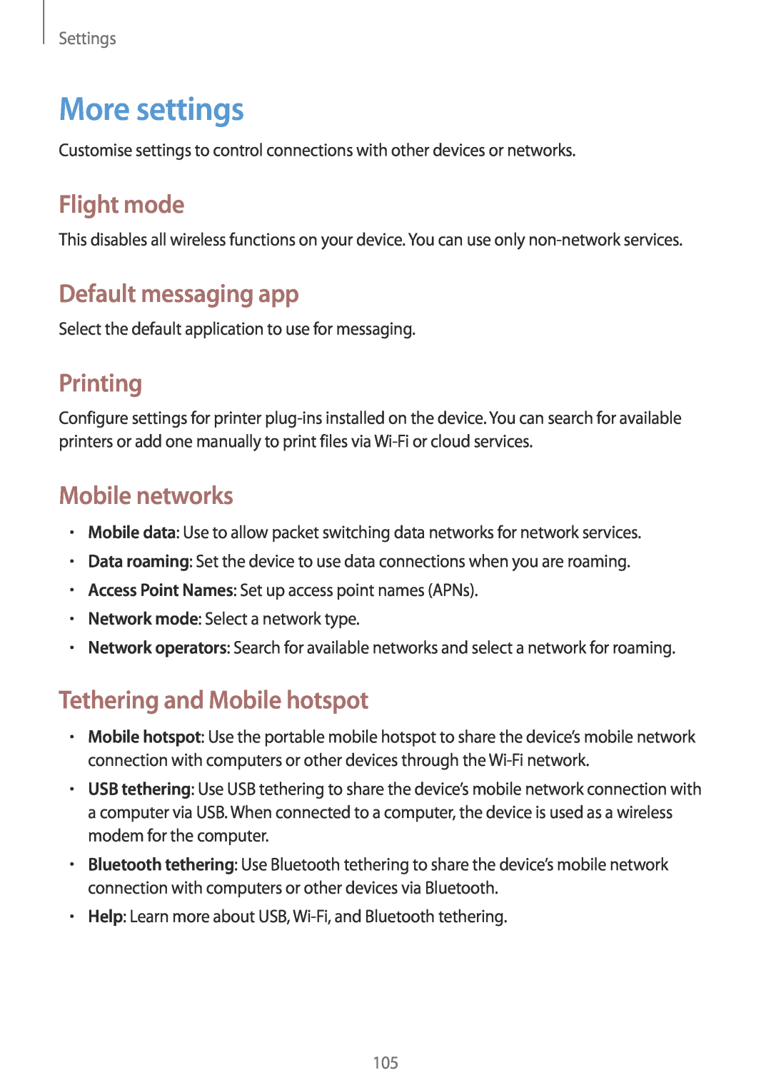 Samsung GT-N8000EAAWIN manual More settings, Flight mode, Default messaging app, Printing, Mobile networks, Settings 