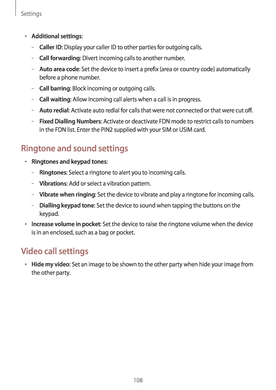 Samsung GT-N8000EAAOMN Ringtone and sound settings, Video call settings, Additional settings, Ringtones and keypad tones 