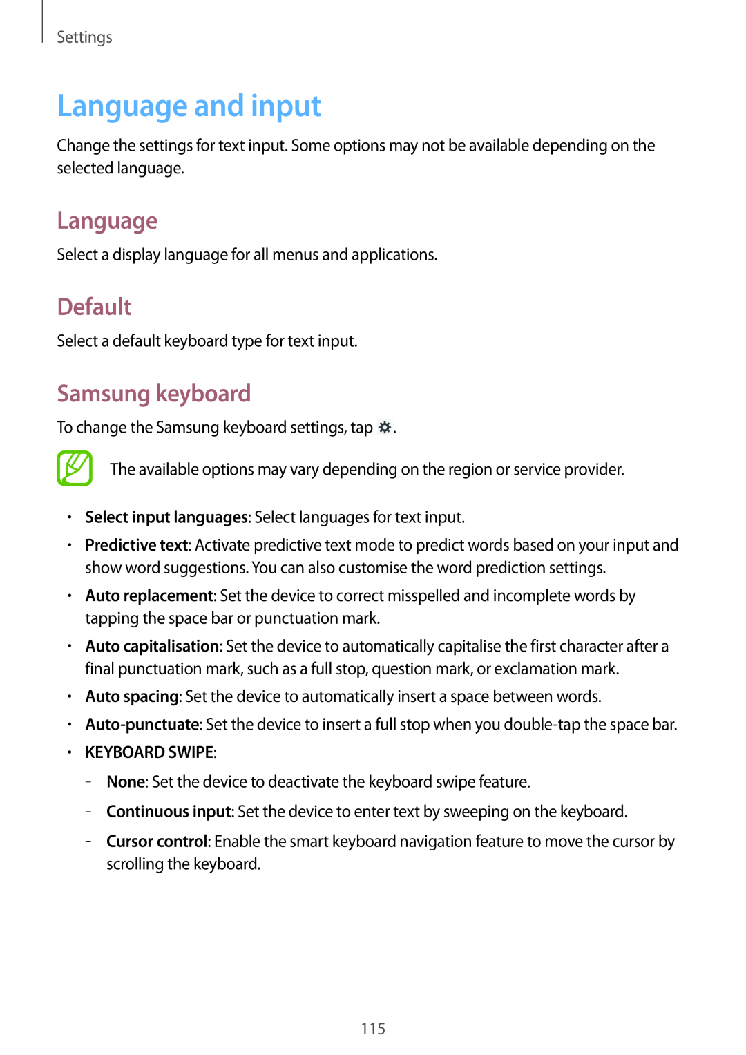Samsung GT-N8000ZWAPHE, GT-N8000ZWAVD2 manual Language and input, Default, Samsung keyboard, Keyboard Swipe, Settings 