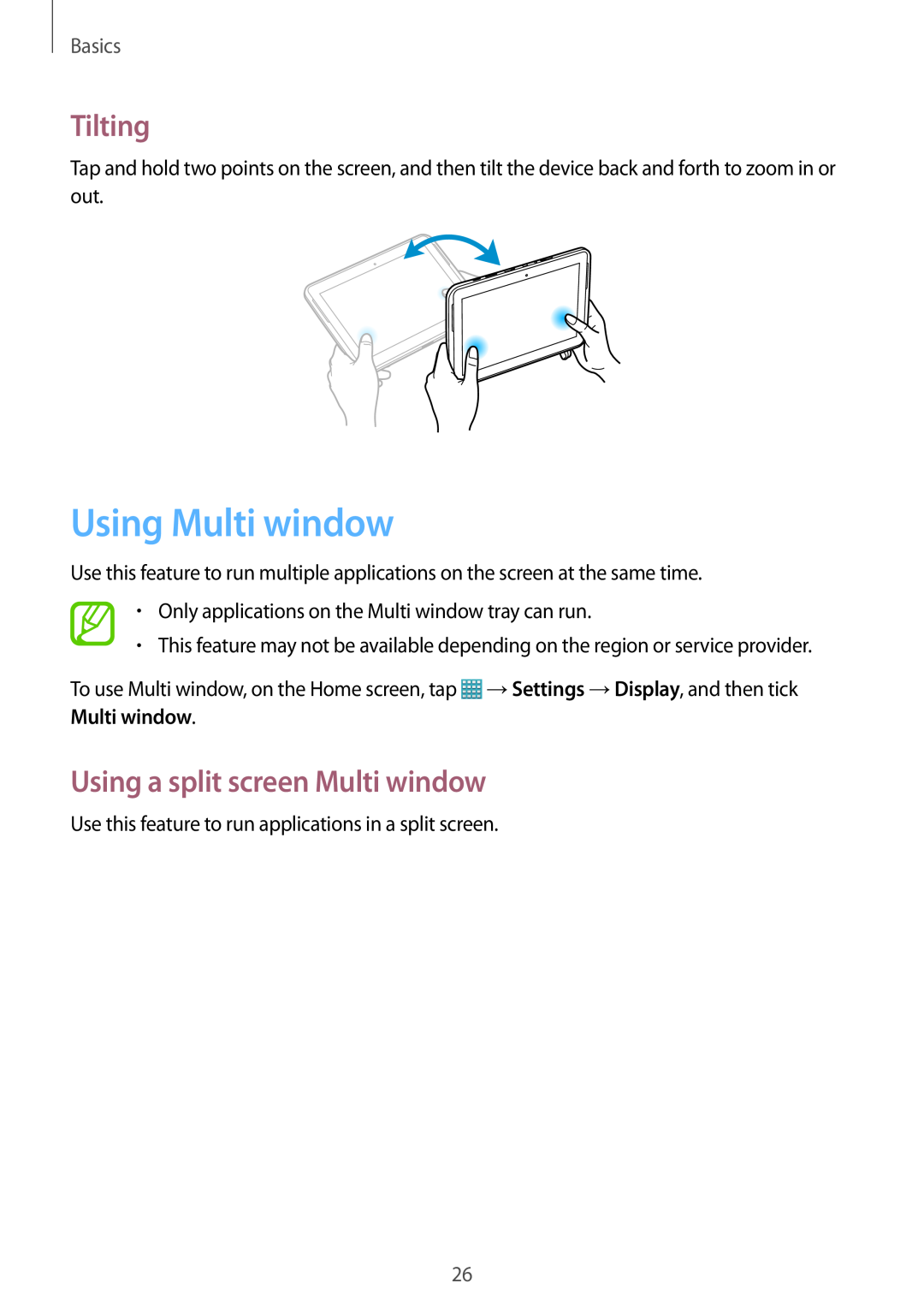 Samsung GT-N8000ZWAHUI, GT-N8000ZWAVD2 manual Using Multi window, Tilting, Using a split screen Multi window, Basics 