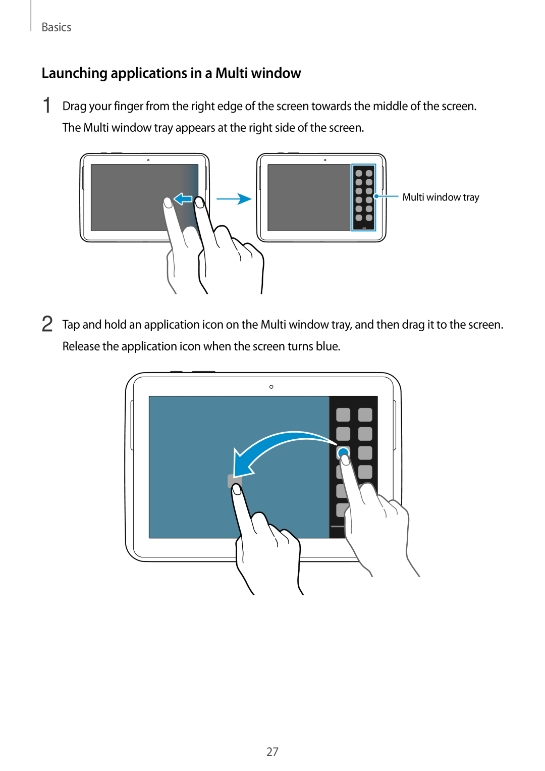 Samsung GT-N8000EAEPHE, GT-N8000ZWAVD2, GT-N8000EAAVD2 Launching applications in a Multi window, Basics, Multi window tray 