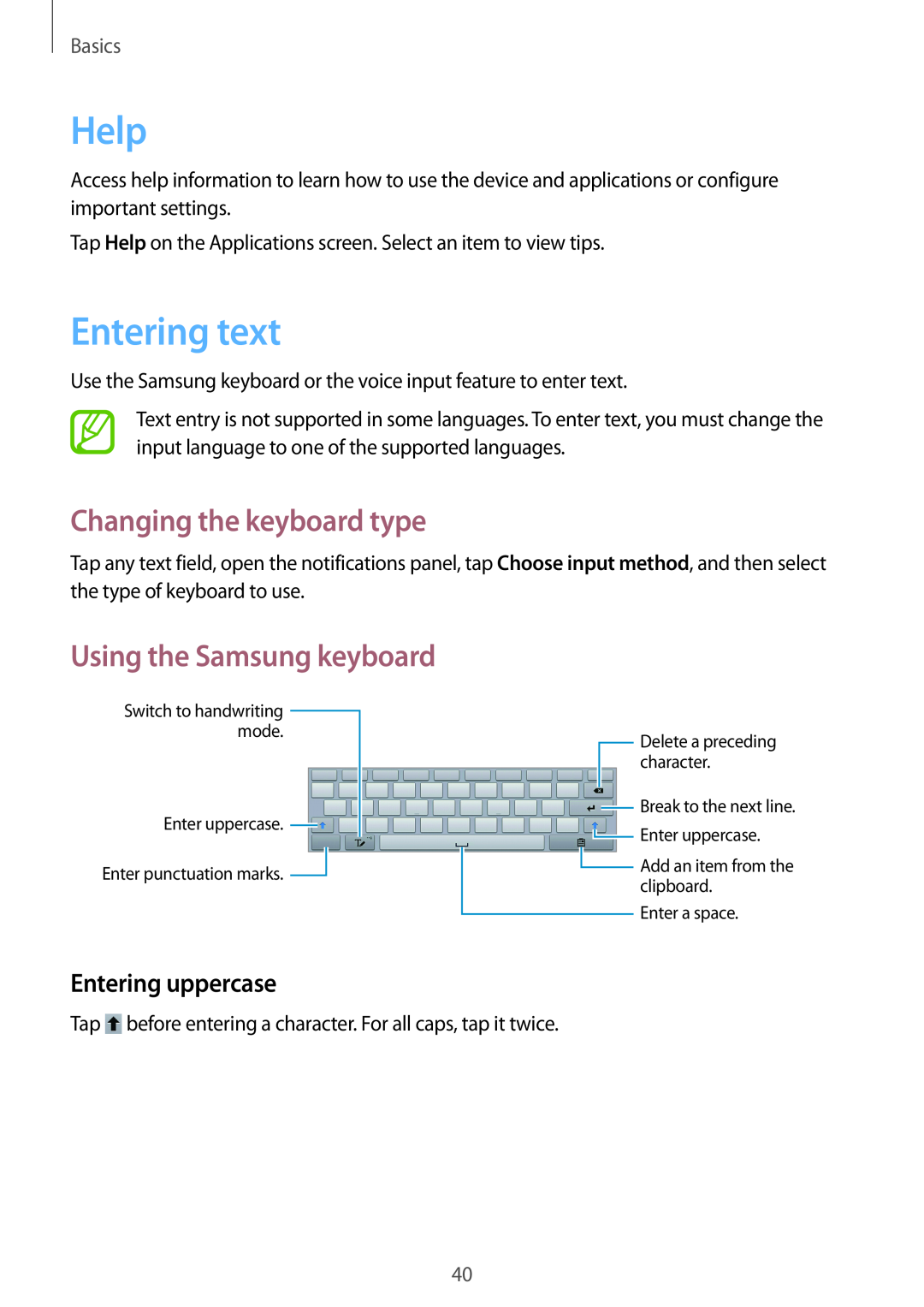 Samsung GT-N8000ZWABGL Help, Entering text, Changing the keyboard type, Entering uppercase, Using the Samsung keyboard 