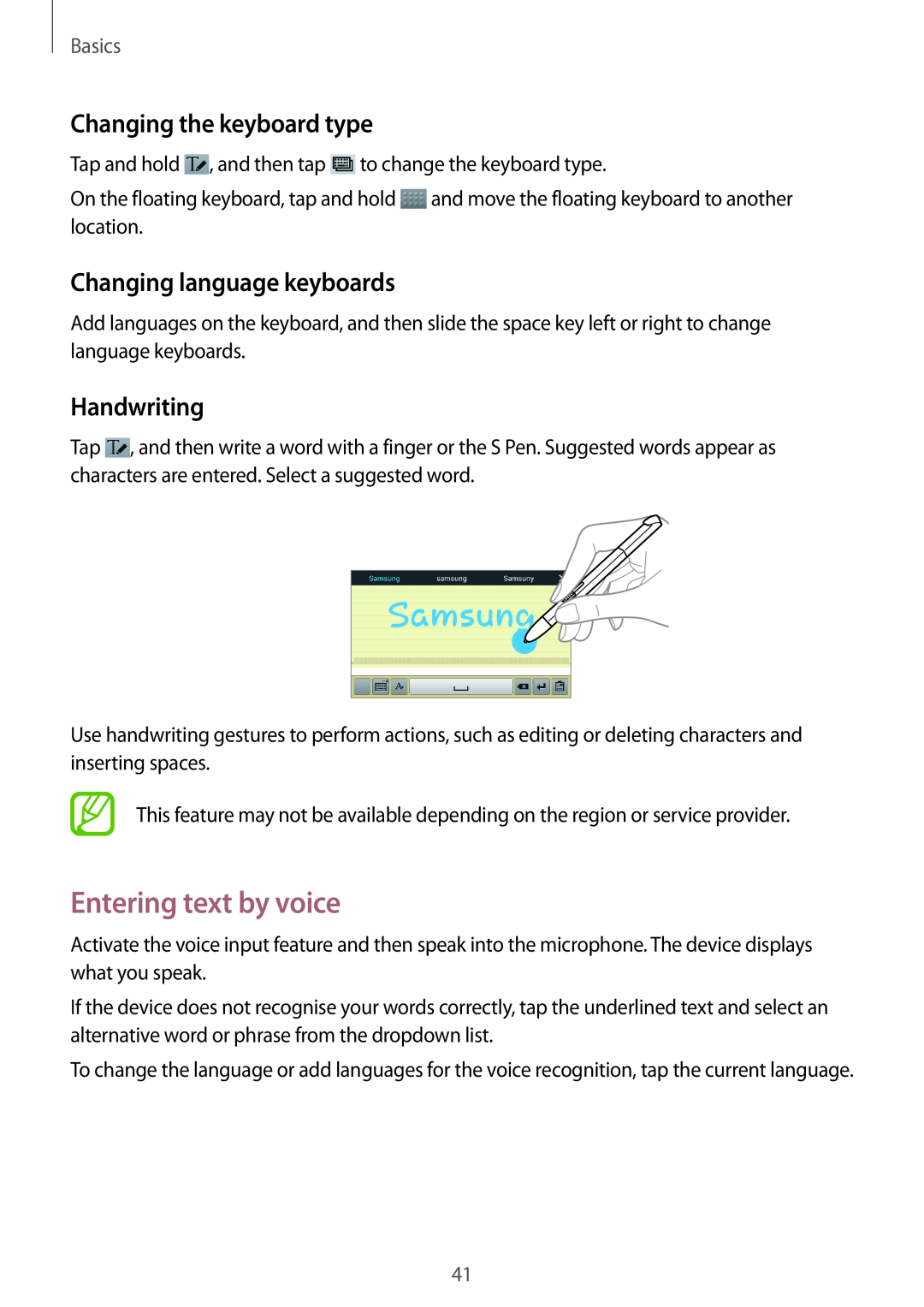 Samsung GT-N8000ZWAGBL manual Entering text by voice, Changing the keyboard type, Changing language keyboards, Handwriting 