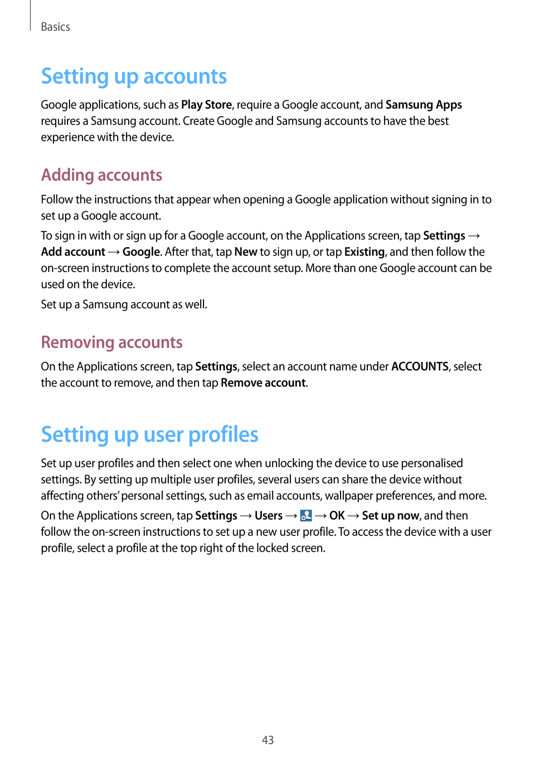 Samsung GT-N8000EAATRA manual Setting up accounts, Setting up user profiles, Adding accounts, Removing accounts, Basics 
