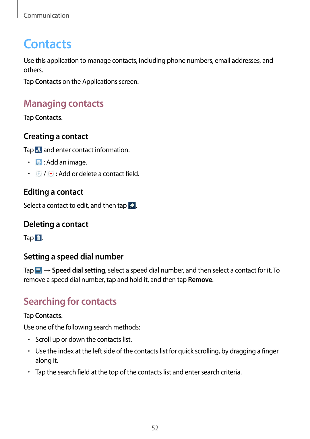 Samsung GT-N8000EAANEE manual Contacts, Managing contacts, Searching for contacts, Creating a contact, Editing a contact 