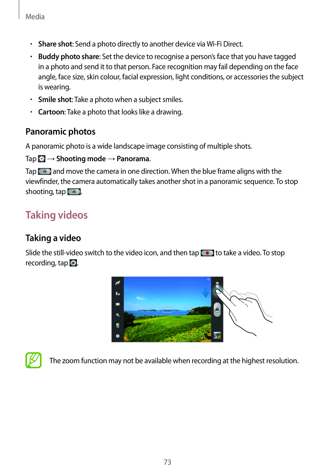 Samsung GT-N8000GRAMGF manual Taking videos, Panoramic photos, Taking a video, Tap →Shooting mode →Panorama, Media 