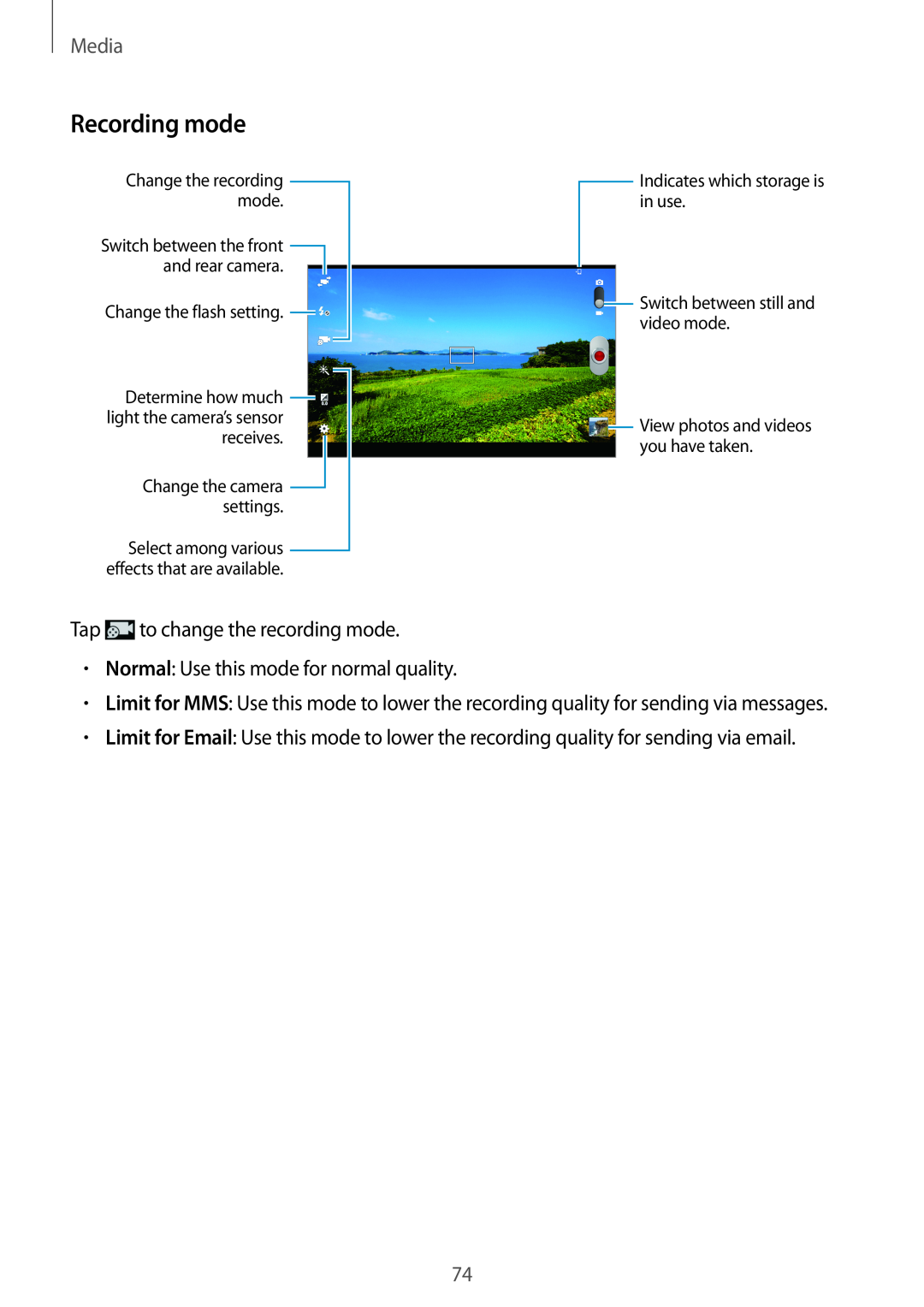 Samsung GT-N8000ZWXSER, GT-N8000ZWAVD2 manual Recording mode, Media, Change the recording mode, Change the flash setting 