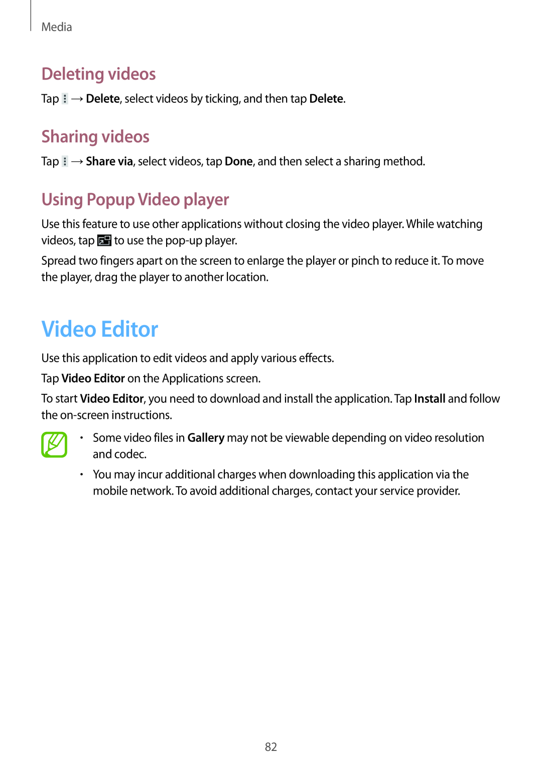 Samsung GT-N8000ZWASER, GT-N8000ZWAVD2 manual Video Editor, Deleting videos, Sharing videos, Using Popup Video player, Media 