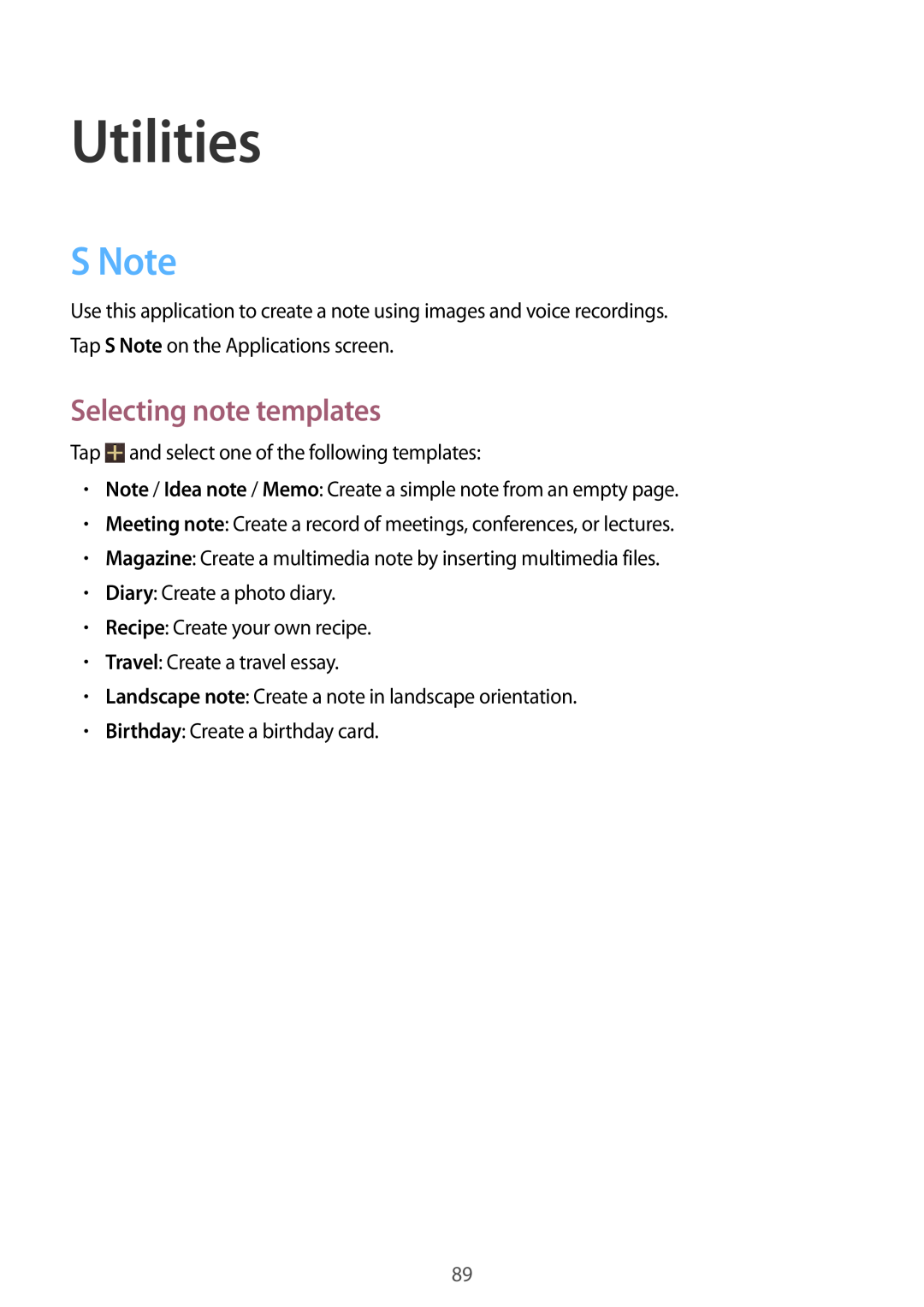 Samsung GT-N8000EAAEPL, GT-N8000ZWAVD2, GT-N8000EAAVD2, GT-N8000EAAITV manual Utilities, S Note, Selecting note templates 