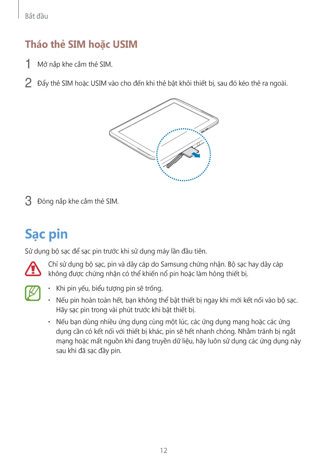 Samsung GT-N8000ZWAXXV, GT-N8000GRAXXV, GT-N8000EAAXXV manual Sạc pin, Tháo thẻ SIM hoặc Usim 