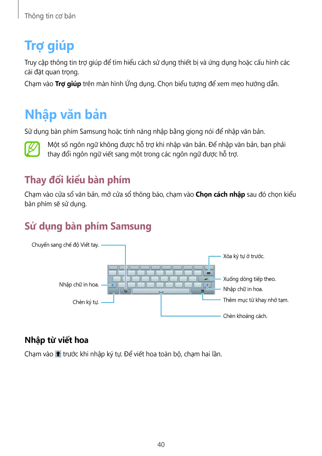 Samsung GT-N8000GRAXXV manual Trợ giúp, Nhập văn bản, Thay đổi kiểu bàn phím, Sử dụng bàn phím Samsung, Nhập từ viết hoa 