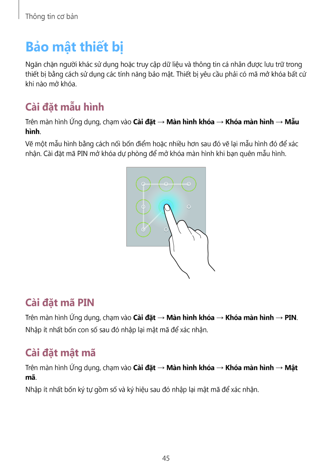 Samsung GT-N8000ZWAXXV, GT-N8000GRAXXV, GT-N8000EAAXXV Bảo mật thiết bị, Cài đặt mẫu hình, Cài đặt mã PIN, Cài đặt mật mã 