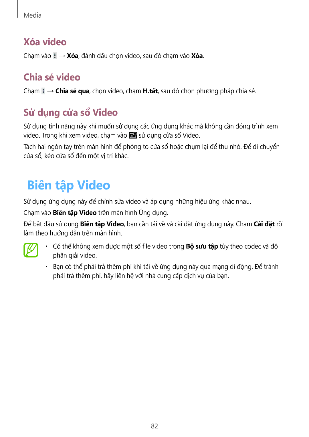 Samsung GT-N8000GRAXXV, GT-N8000ZWAXXV, GT-N8000EAAXXV manual Biên tập Video, Xóa video, Chia sẻ video, Sử dụng cửa sổ Video 