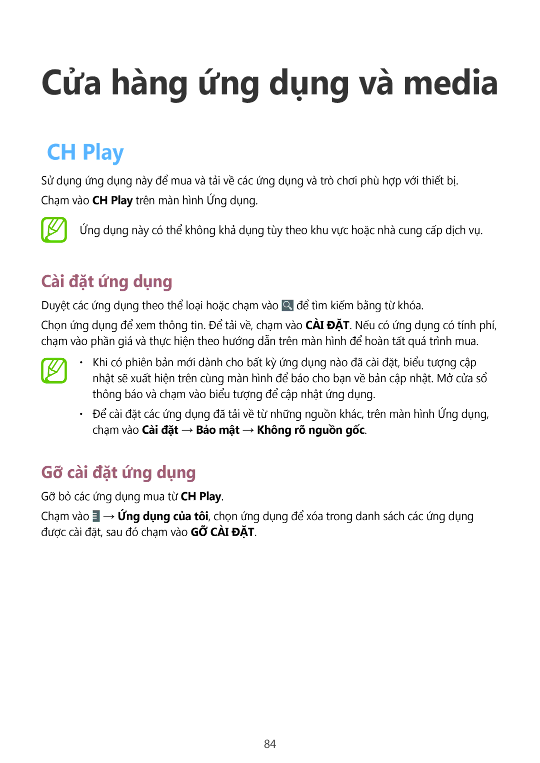 Samsung GT-N8000ZWAXXV, GT-N8000GRAXXV, GT-N8000EAAXXV manual Cửa hàng ứng dụng và media, CH Play 