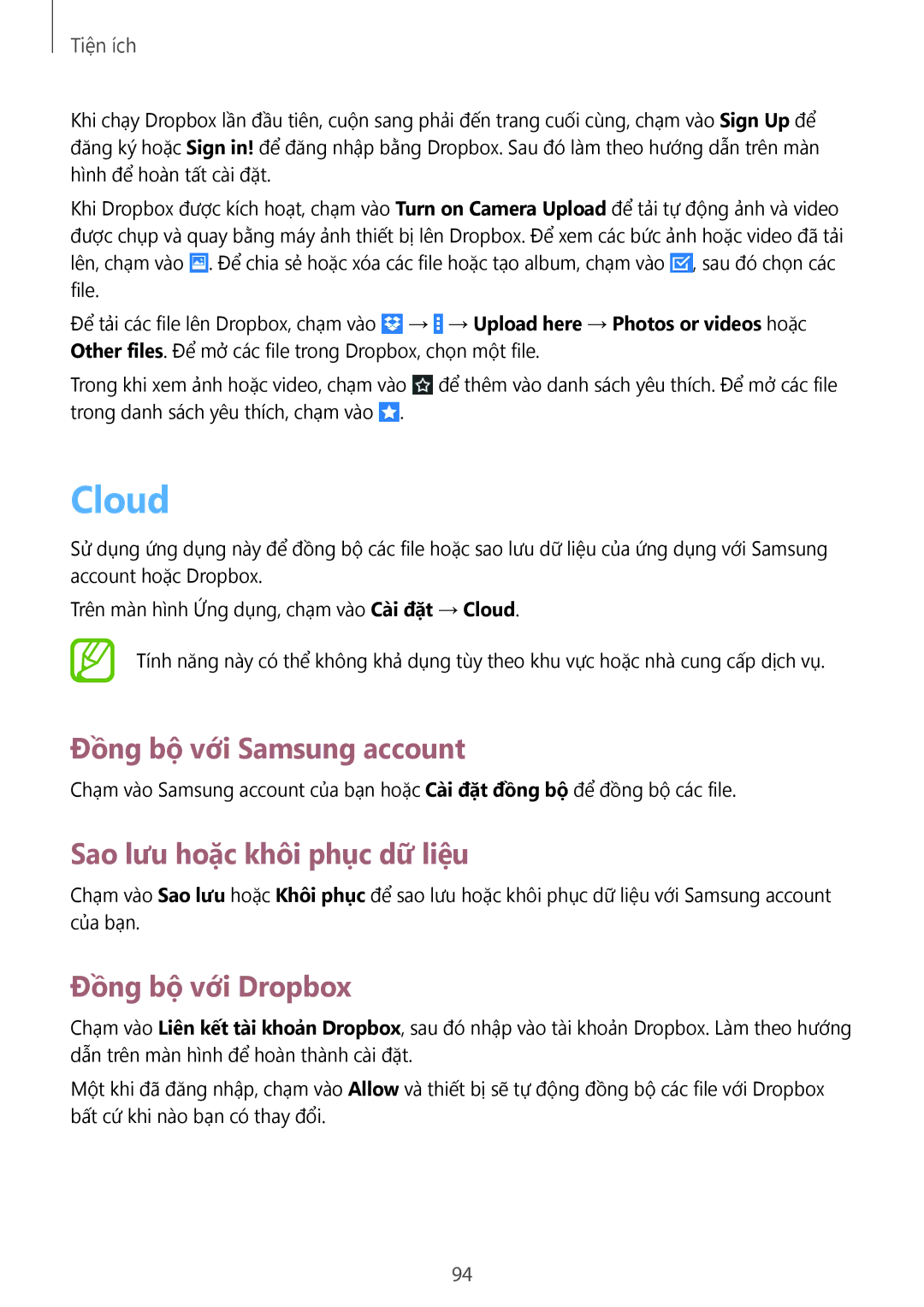 Samsung GT-N8000GRAXXV manual Cloud, Đồng bộ với Samsung account, Sao lưu hoặc khôi phục dữ liệu, Đồng bộ với Dropbox 