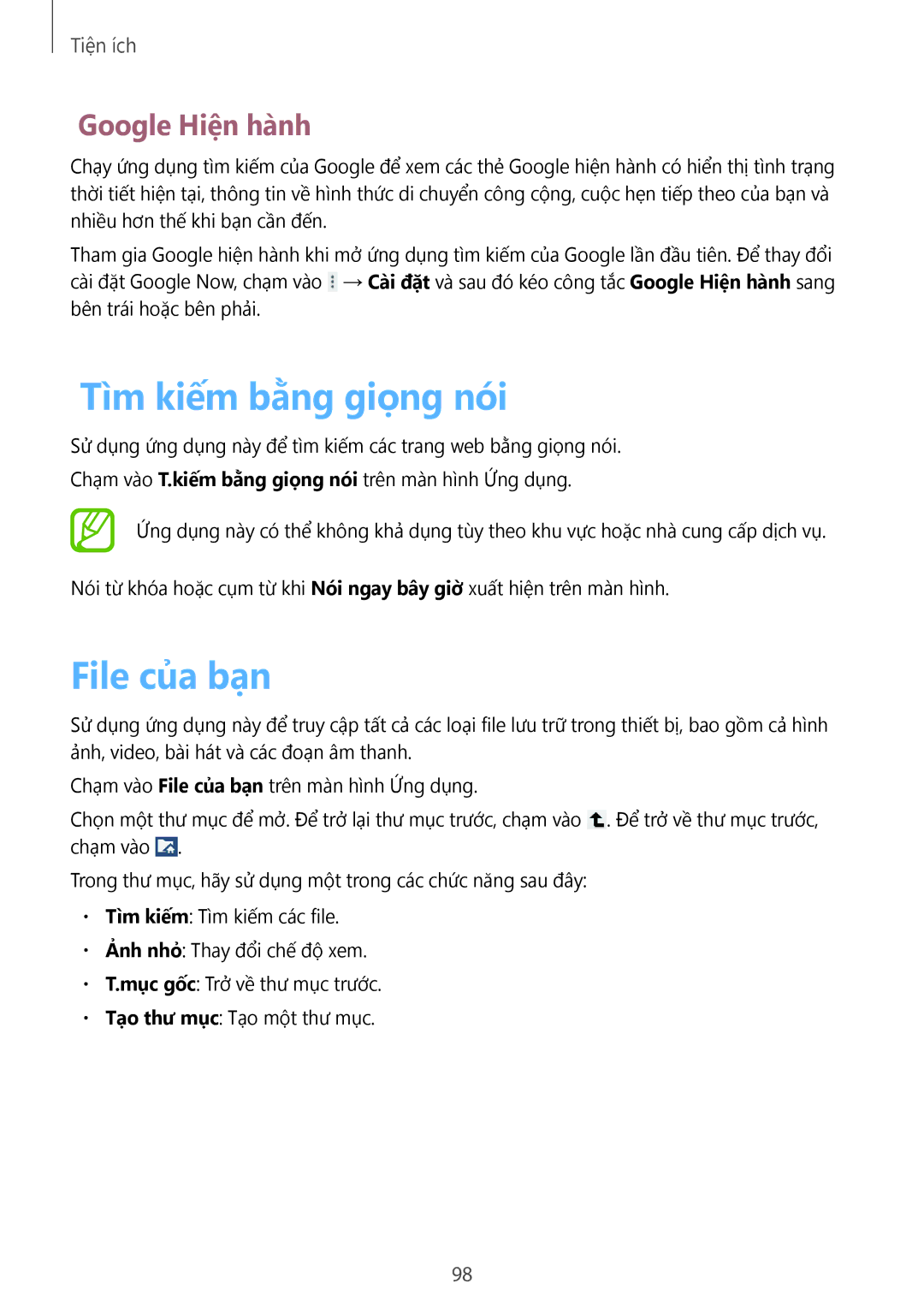 Samsung GT-N8000EAAXXV, GT-N8000ZWAXXV, GT-N8000GRAXXV manual Tìm kiếm bằng giọng nói, File của bạn, Google Hiên hanh 