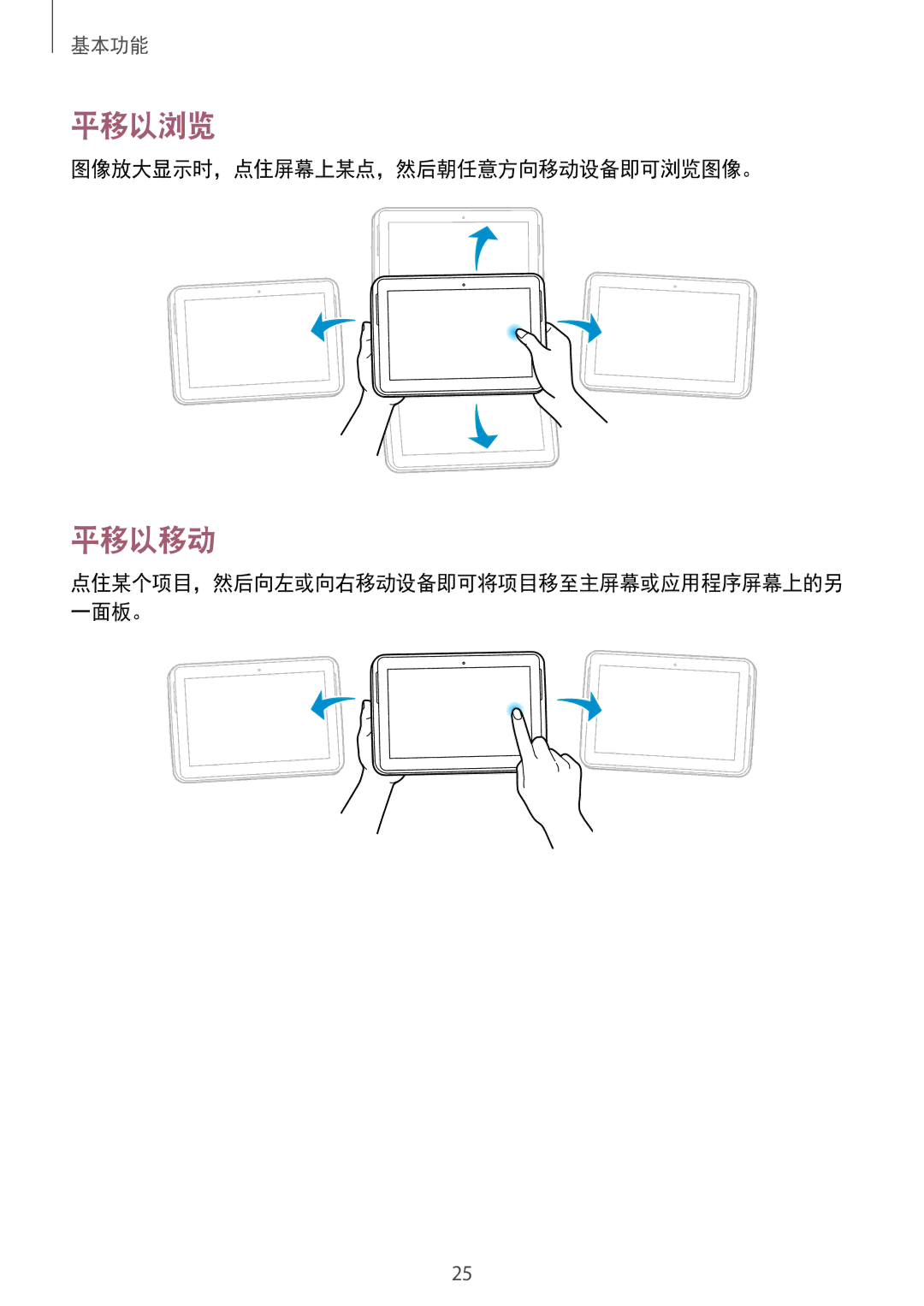 Samsung GT-N8000GRAXXV, GT-N8000ZWAXXV, GT-N8000EAAXXV manual 平移以浏览, 平移以移动, 图像放大显示时，点住屏幕上某点，然后朝任意方向移动设备即可浏览图像。 