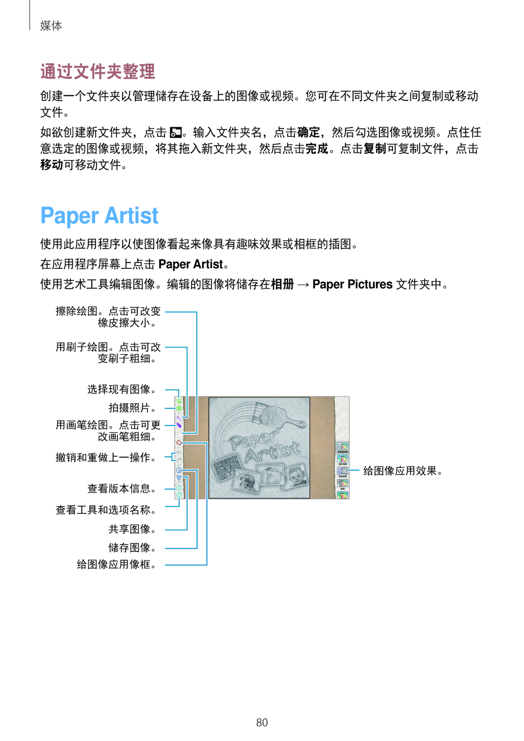 Samsung GT-N8000EAAXXV, GT-N8000ZWAXXV, GT-N8000GRAXXV manual Paper Artist, 使用艺术工具编辑图像。编辑的图像将储存在相册 → Paper Pictures 文件夹中。 