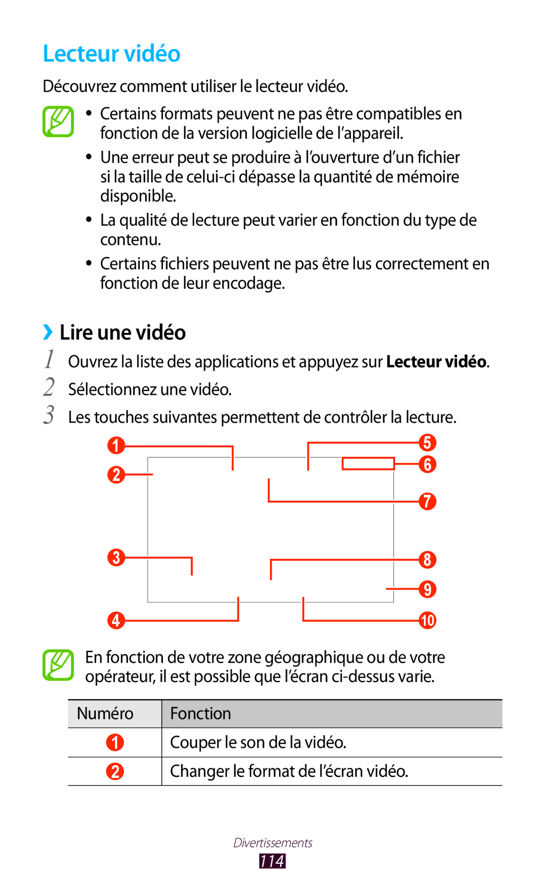 Samsung GT-N8000EAAXEF, GT-N8000ZWEXEF Lecteur vidéo, ››Lire une vidéo, Découvrez comment utiliser le lecteur vidéo, 114 