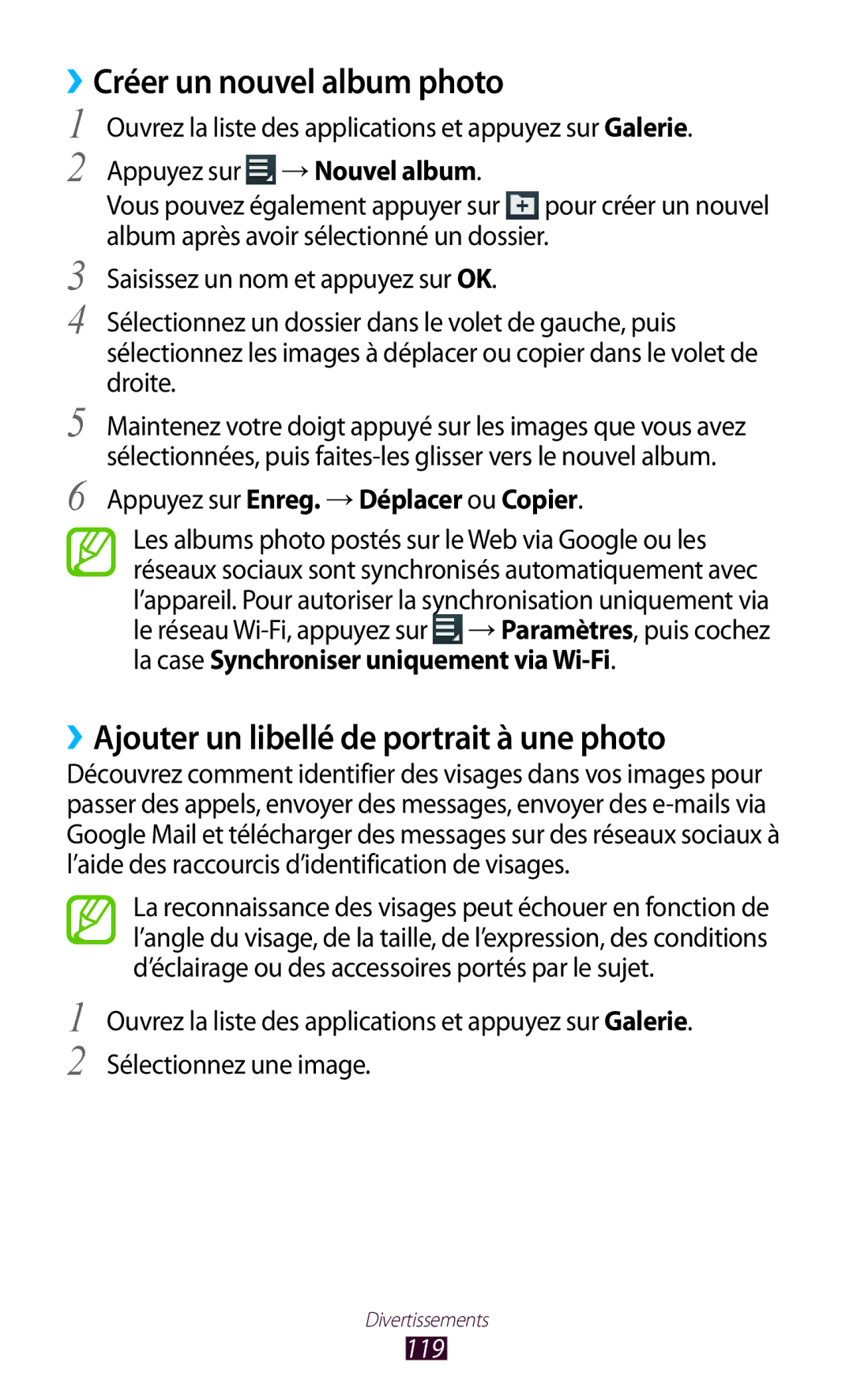 Samsung GT-N8000ZWAXEF, GT-N8000ZWEXEF ››Créer un nouvel album photo, ››Ajouter un libellé de portrait à une photo, 119 