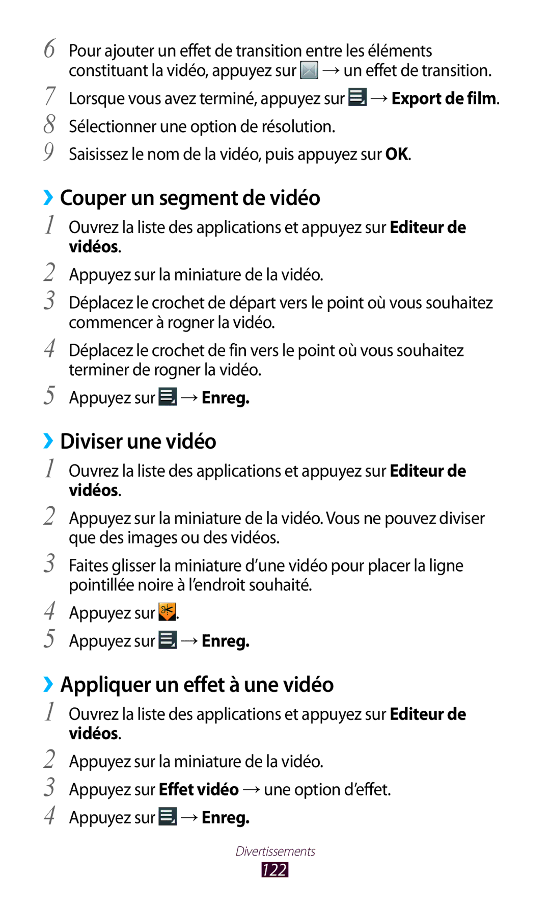 Samsung GT-N8000EAAXEF manual ››Couper un segment de vidéo, ››Diviser une vidéo, ››Appliquer un effet à une vidéo, 122 