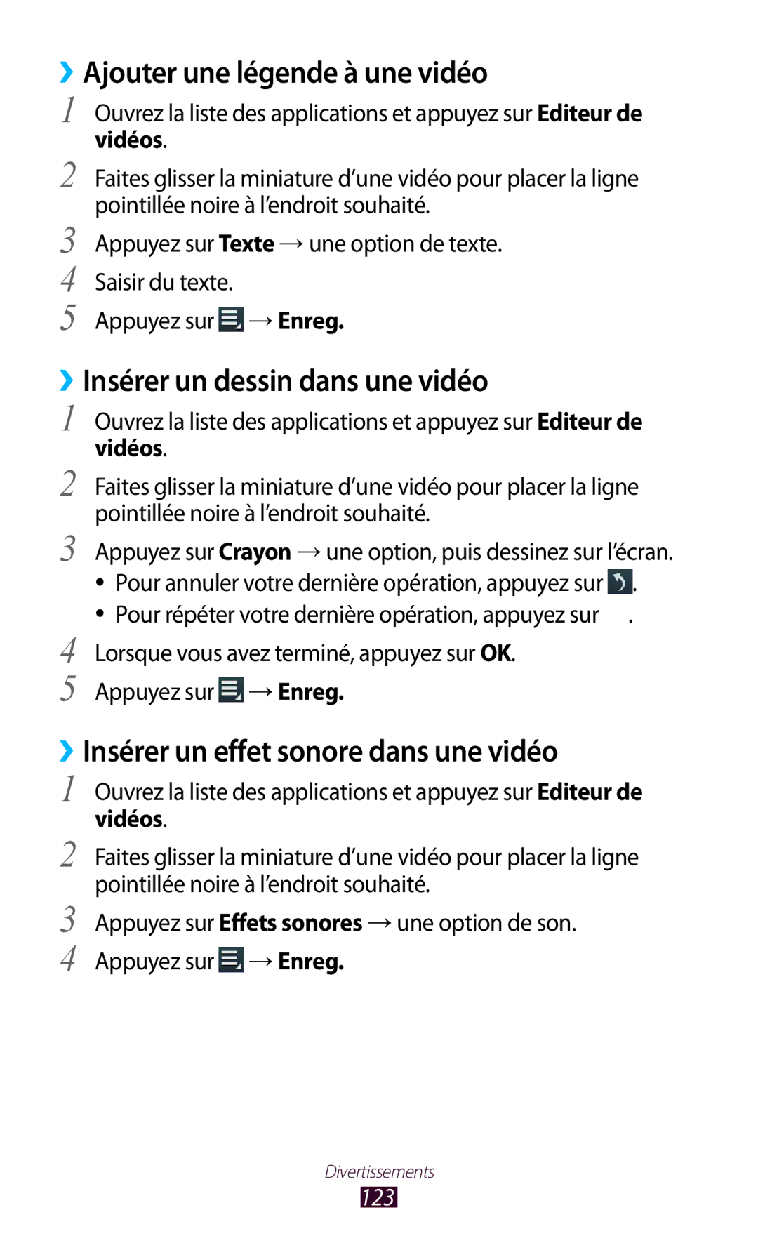 Samsung GT-N8000ZWAXEF, GT-N8000ZWEXEF manual ››Ajouter une légende à une vidéo, ››Insérer un dessin dans une vidéo, 123 