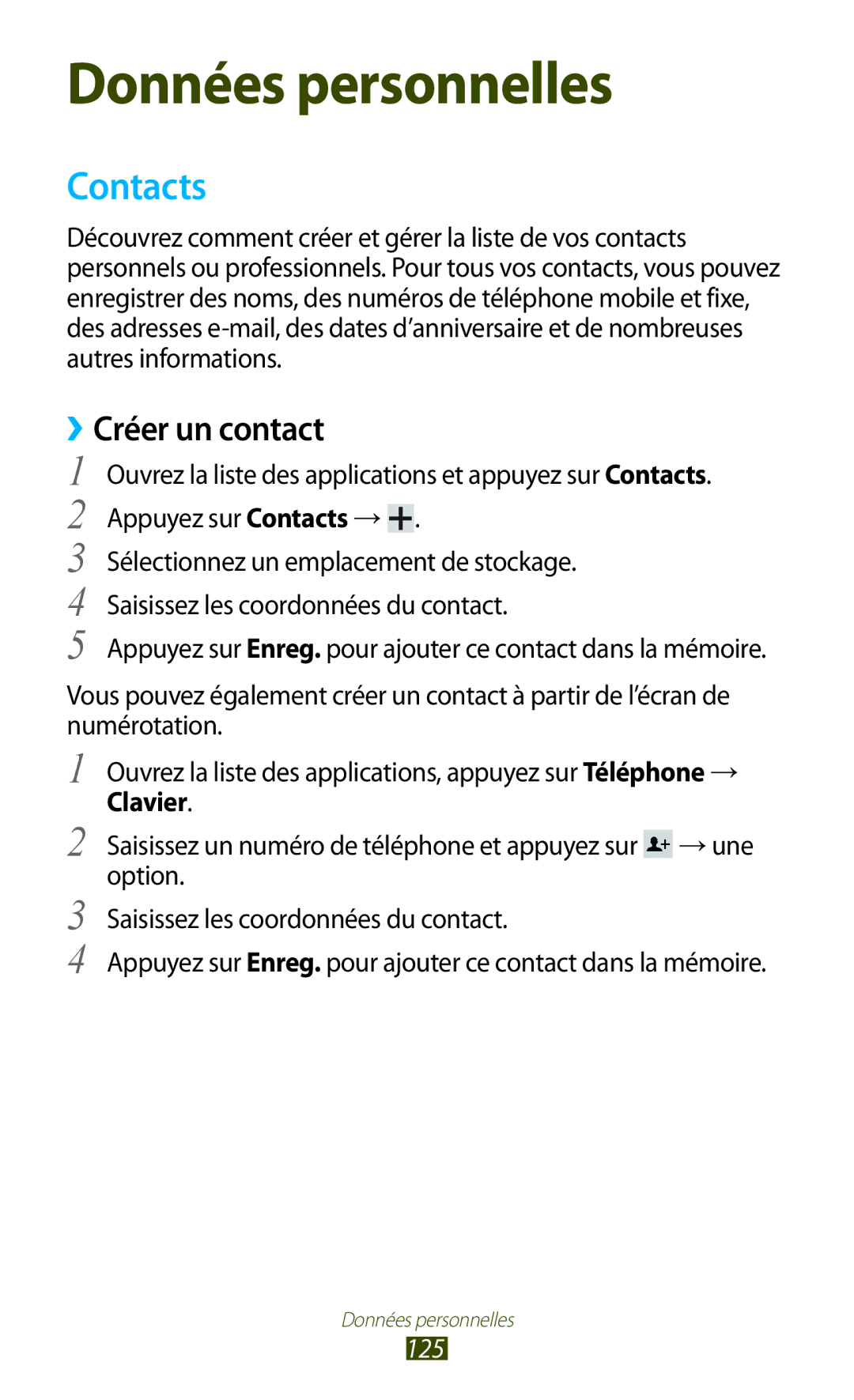 Samsung GT-N8000EAEXEF, GT-N8000ZWEXEF, GT-N8000EAAXEF, GT-N8000ZWAXEF manual Contacts, ››Créer un contact, Clavier, 125 