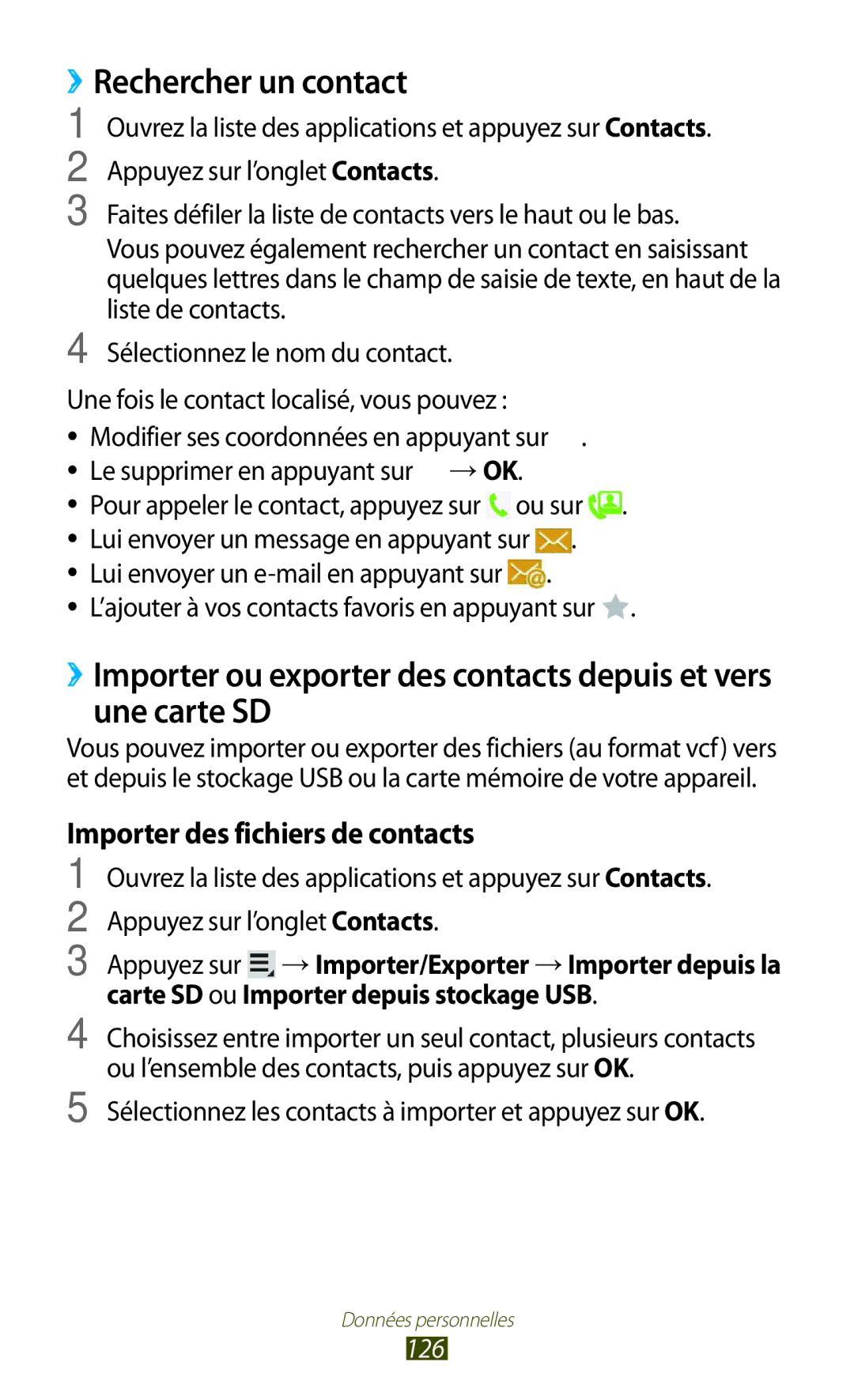 Samsung GT-N8000EAAXEF, GT-N8000ZWEXEF, GT-N8000EAEXEF manual ››Rechercher un contact, Importer des fichiers de contacts, 126 