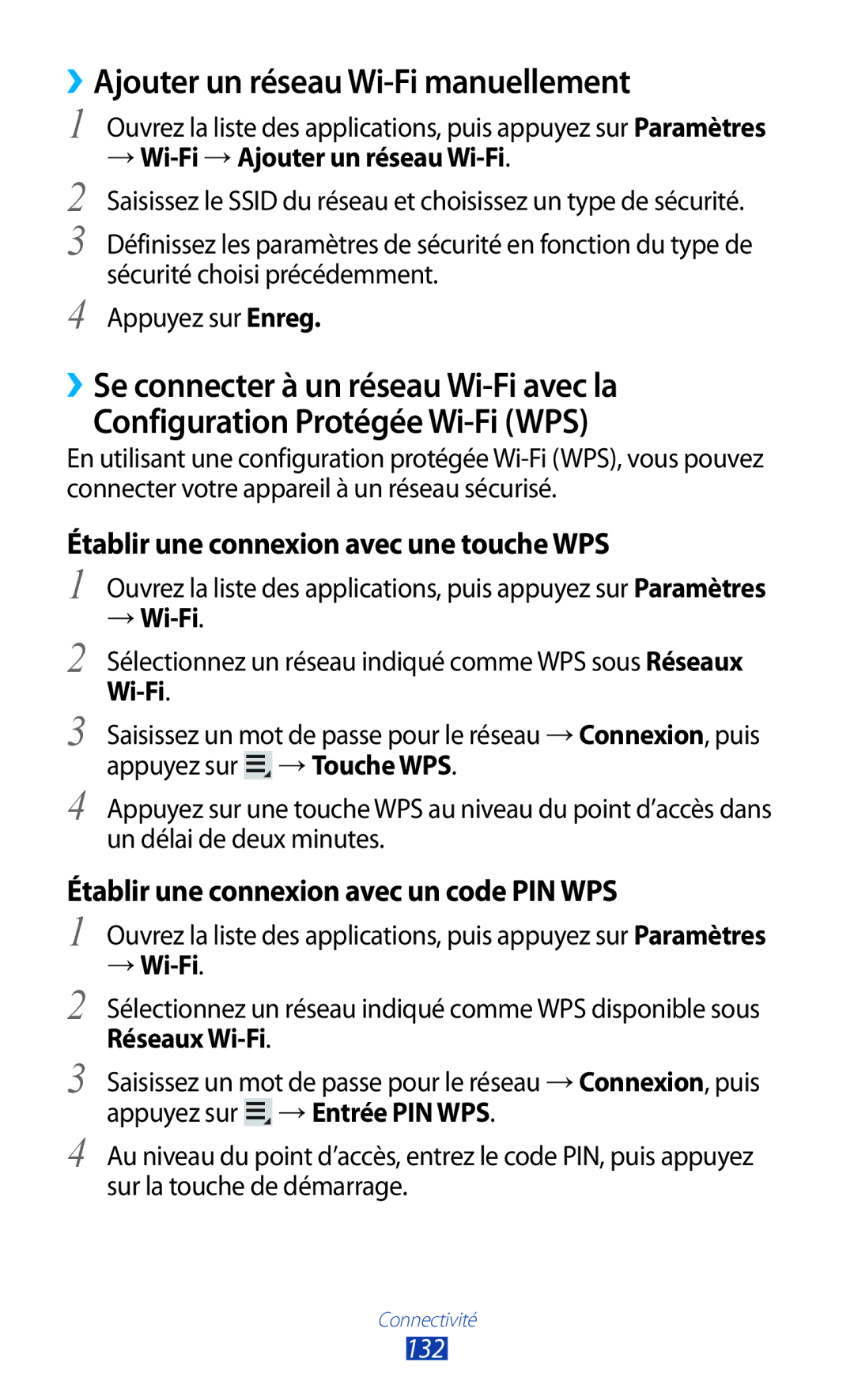 Samsung GT-N8000ZWEXEF, GT-N8000EAEXEF ››Ajouter un réseau Wi-Fi manuellement, Établir une connexion avec une touche WPS 