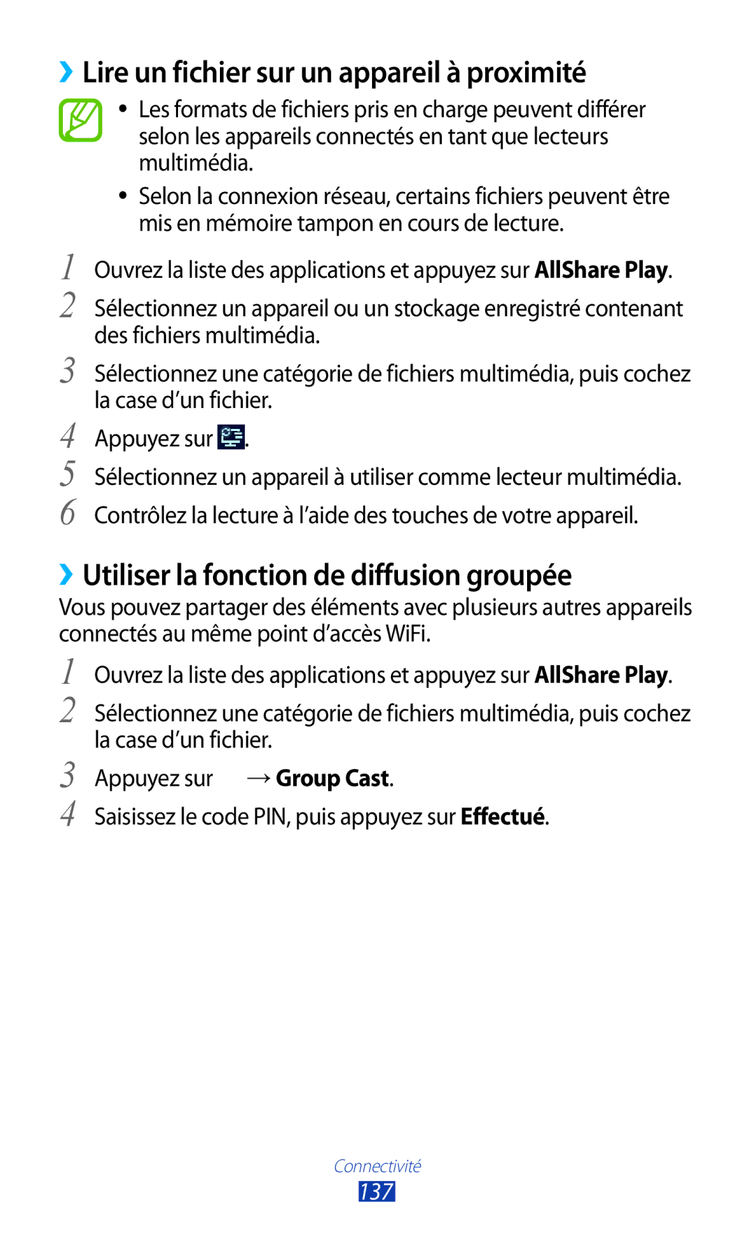 Samsung GT-N8000EAEXEF ››Lire un fichier sur un appareil à proximité, ››Utiliser la fonction de diffusion groupée, 137 