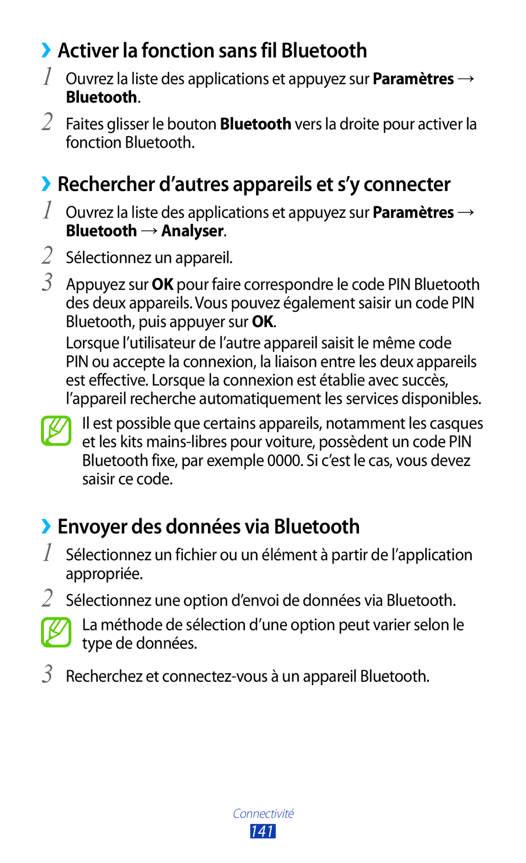 Samsung GT-N8000EAEXEF, GT-N8000ZWEXEF ››Activer la fonction sans fil Bluetooth, ››Envoyer des données via Bluetooth, 141 