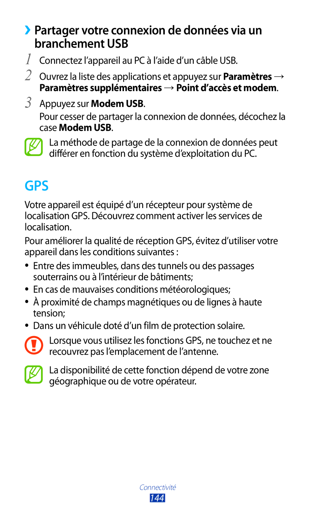 Samsung GT-N8000ZWEXEF, GT-N8000EAEXEF, GT-N8000EAAXEF ››Partager votre connexion de données via un branchement USB, 144 