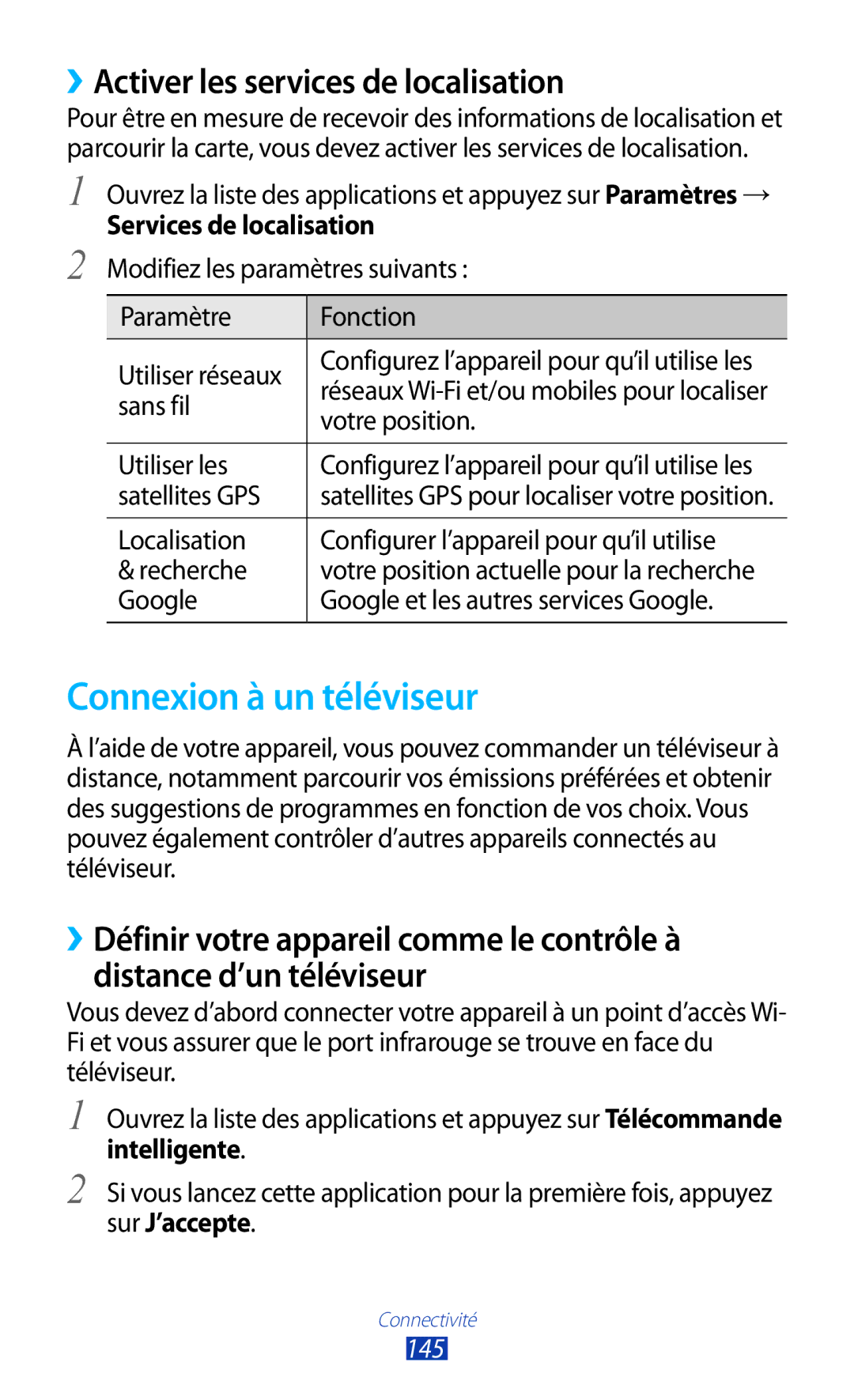 Samsung GT-N8000EAEXEF Connexion à un téléviseur, ››Activer les services de localisation, Services de localisation, 145 