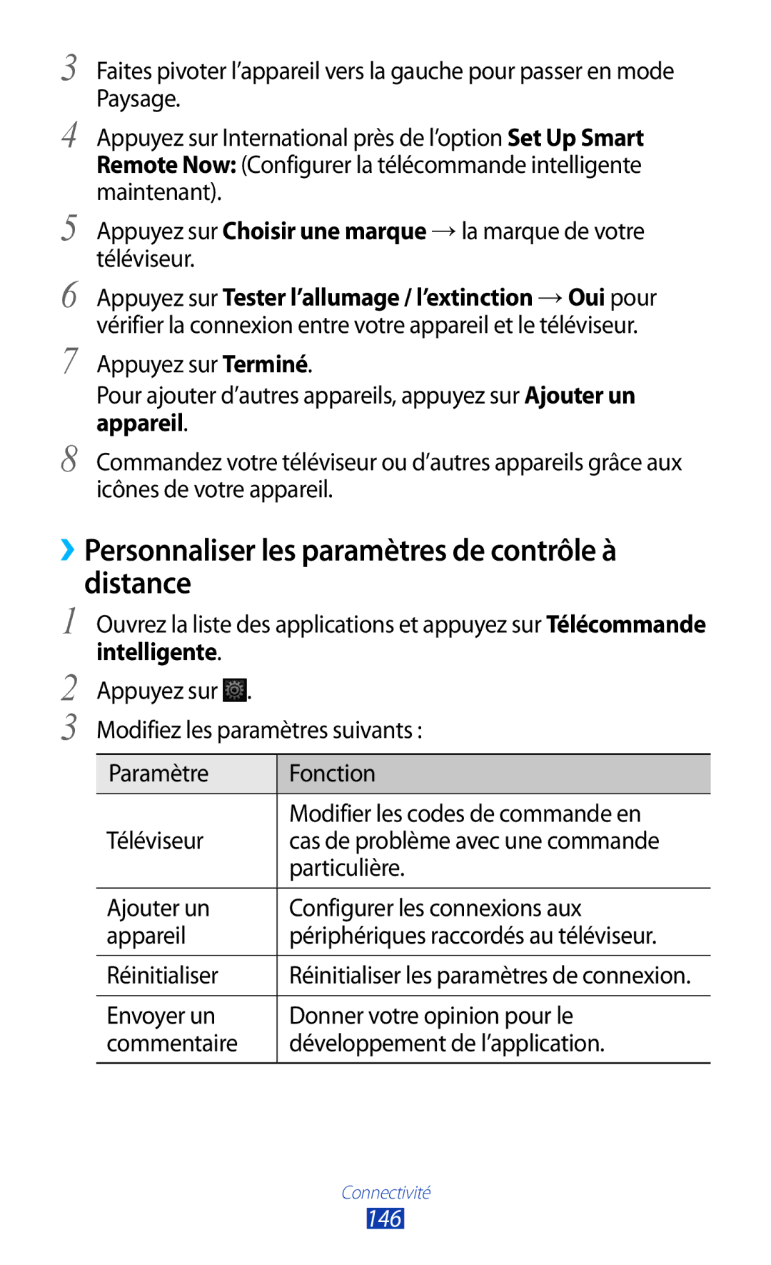 Samsung GT-N8000EAAXEF, GT-N8000ZWEXEF, GT-N8000EAEXEF manual ››Personnaliser les paramètres de contrôle à Distance, 146 