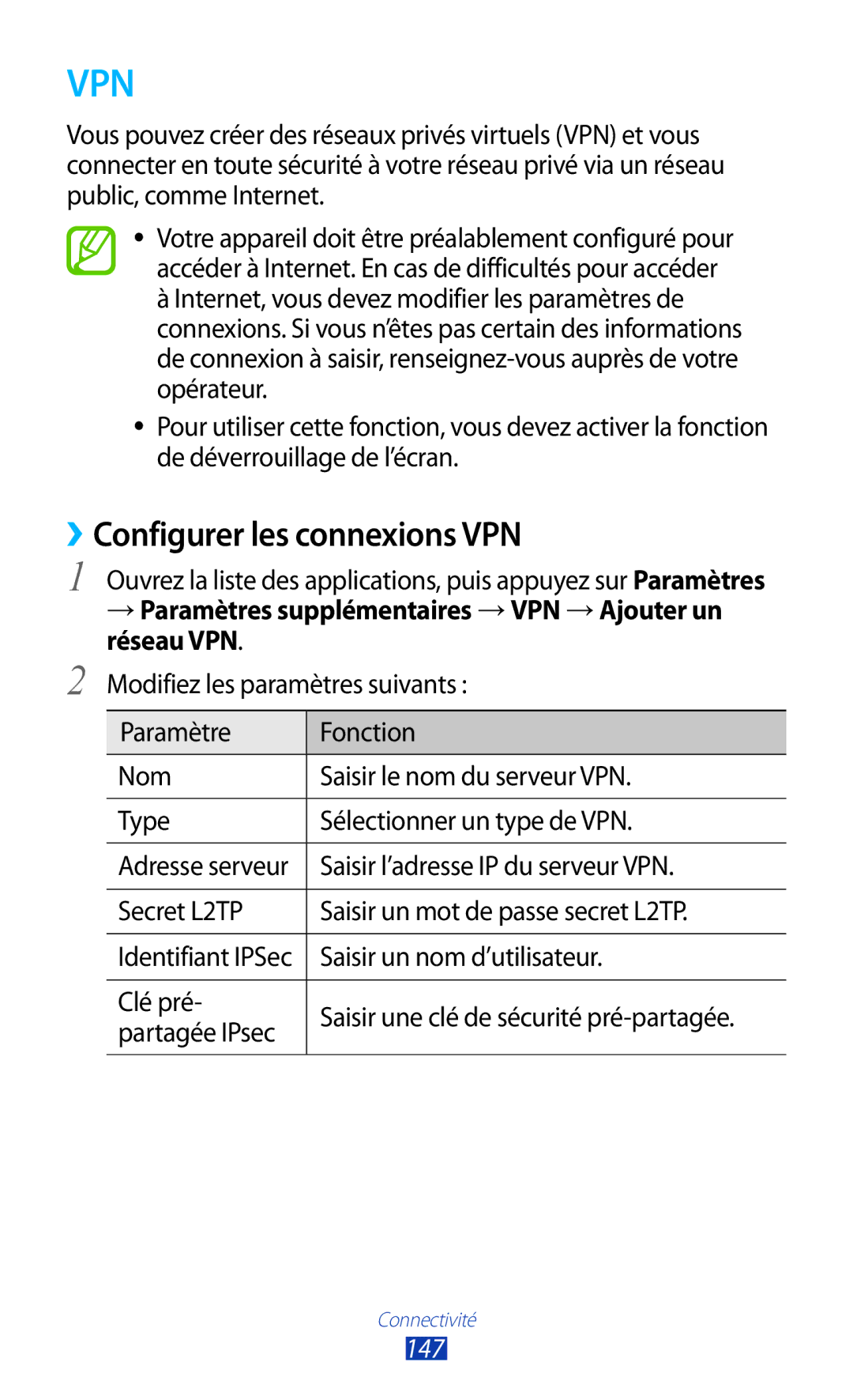 Samsung GT-N8000ZWAXEF ››Configurer les connexions VPN, → Paramètres supplémentaires →VPN →Ajouter un réseau VPN, 147 