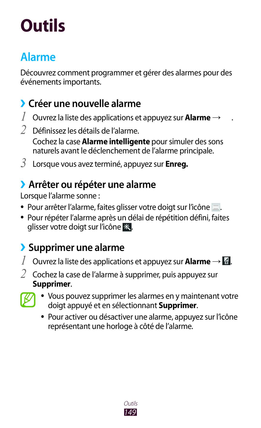 Samsung GT-N8000EAEXEF Alarme, ››Créer une nouvelle alarme, ››Arrêter ou répéter une alarme, ››Supprimer une alarme, 149 