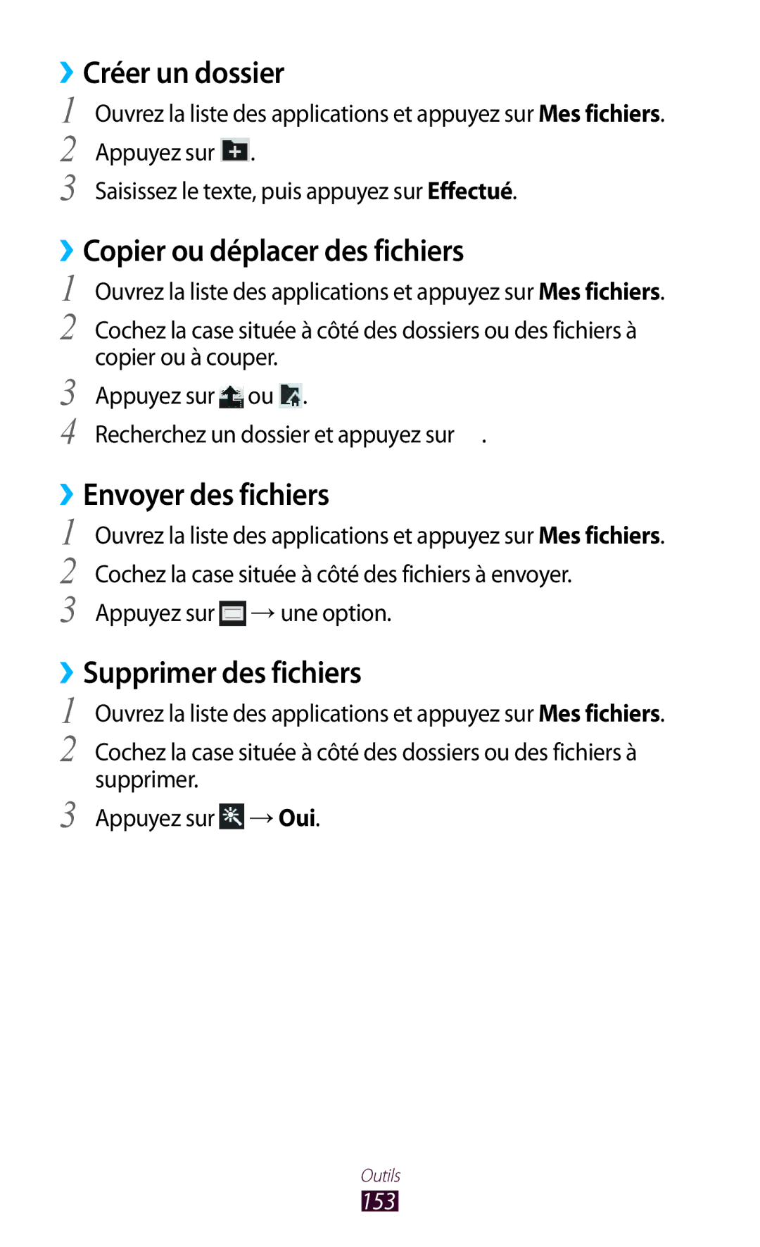 Samsung GT-N8000EAEXEF, GT-N8000ZWEXEF Créer un dossier, ››Copier ou déplacer des fichiers, ››Envoyer des fichiers, 153 