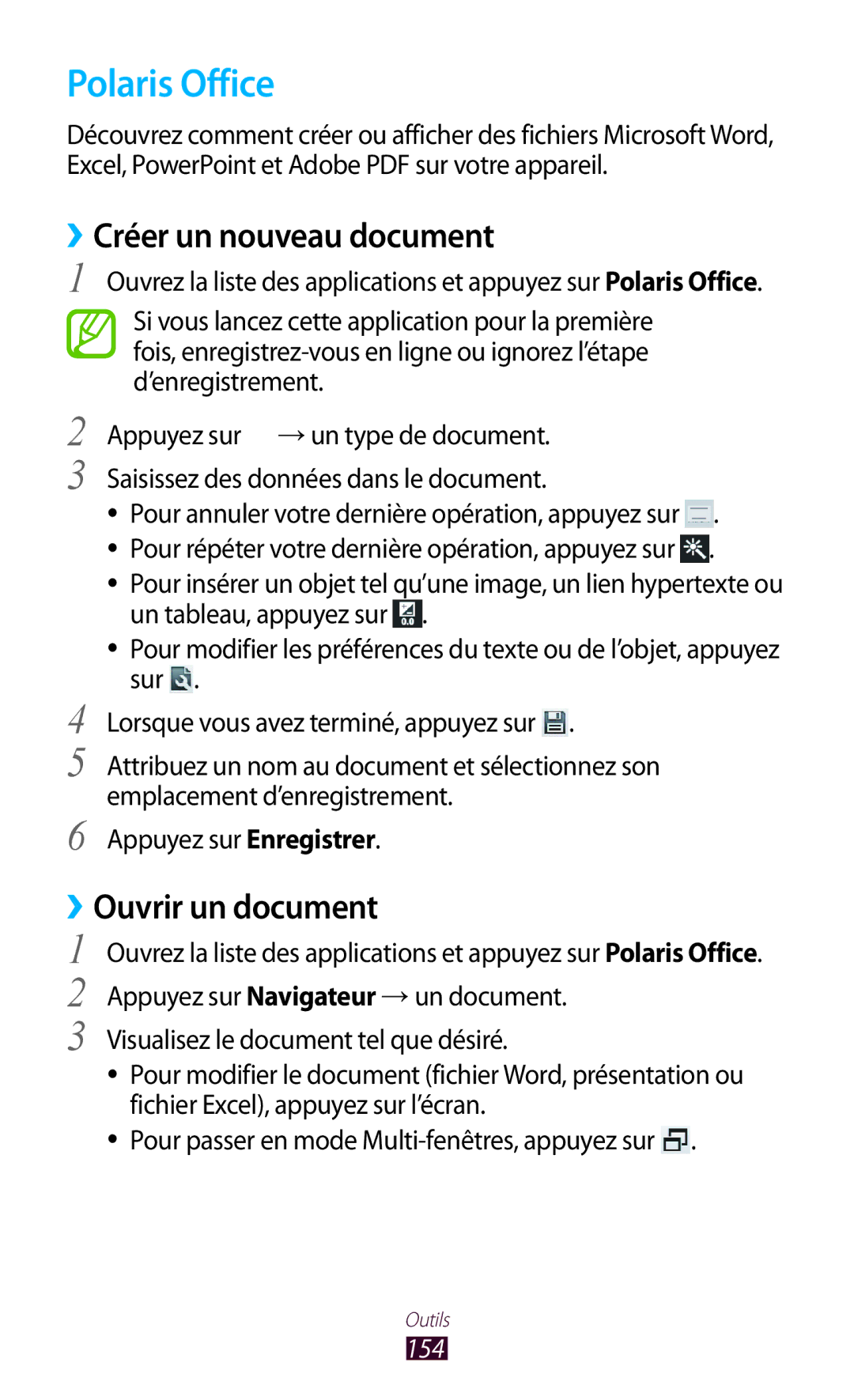 Samsung GT-N8000EAAXEF, GT-N8000ZWEXEF manual Polaris Office, ››Créer un nouveau document, ››Ouvrir un document, 154 