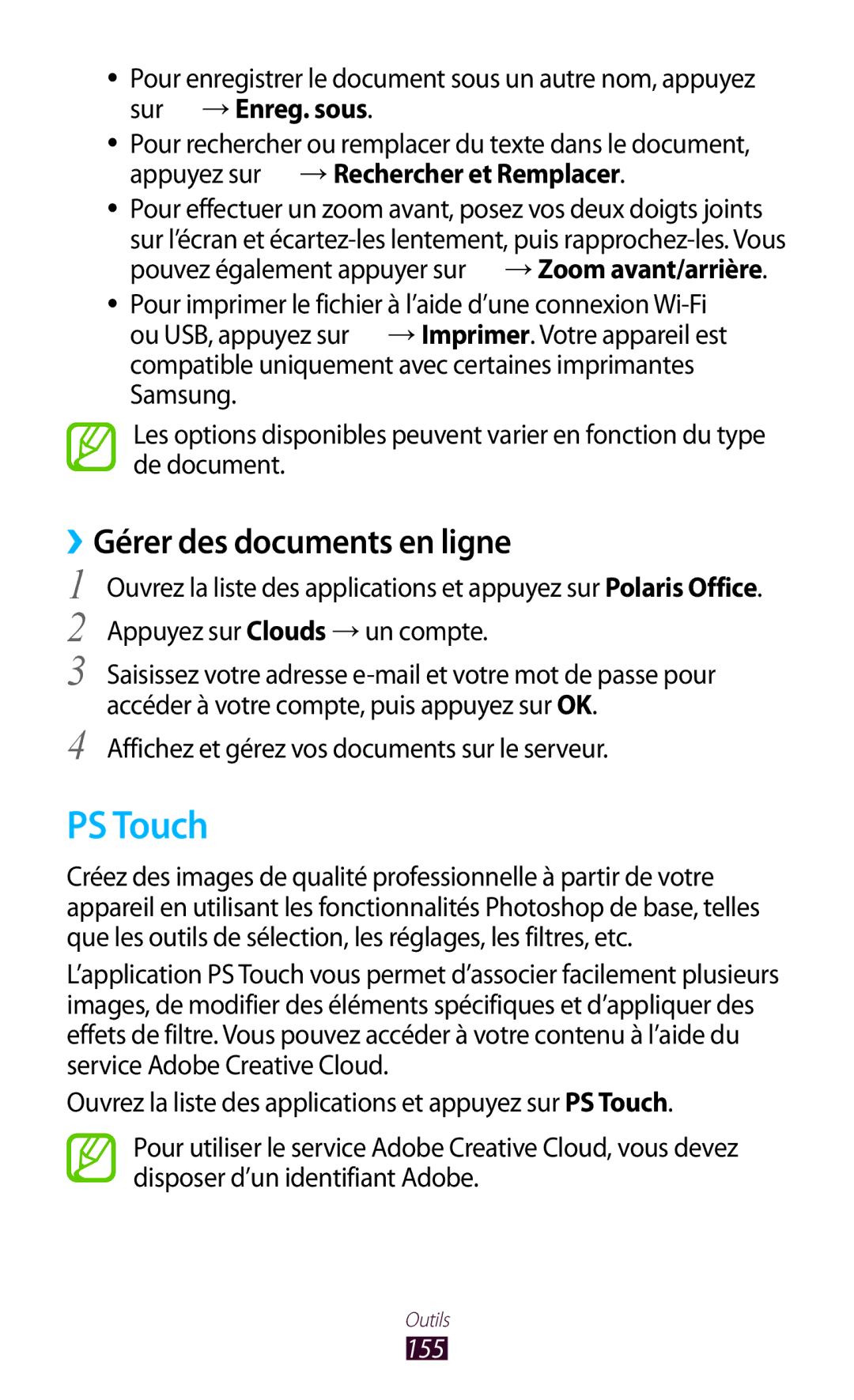 Samsung GT-N8000ZWAXEF manual PS Touch, ››Gérer des documents en ligne, Affichez et gérez vos documents sur le serveur, 155 